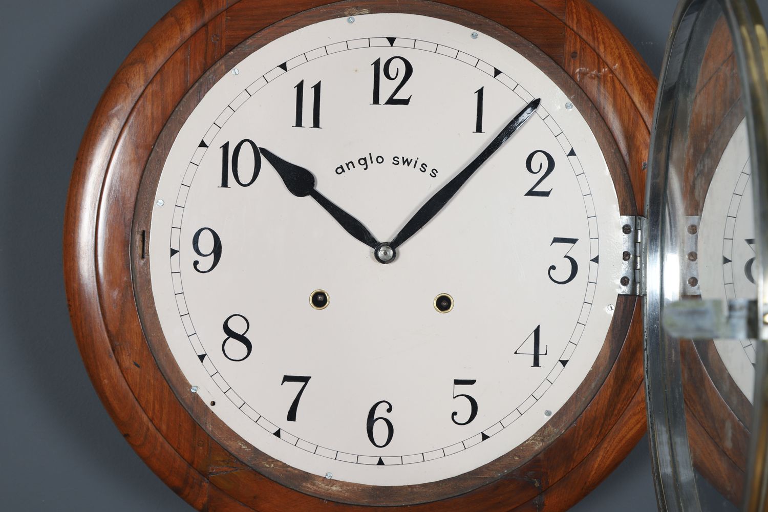Antique 16" Anglo Swiss Mahogany Railway Station / School Wall Clock (Chiming / Striking) photo Home Decor