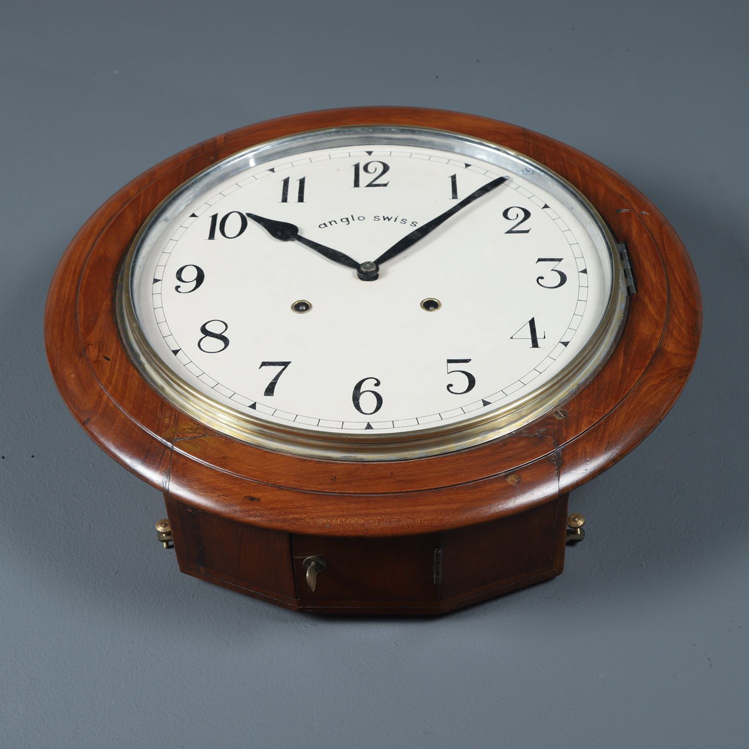 photo vintage Antique 16" Anglo Swiss Mahogany Railway Station / School Wall Clock (Chiming / Striking)