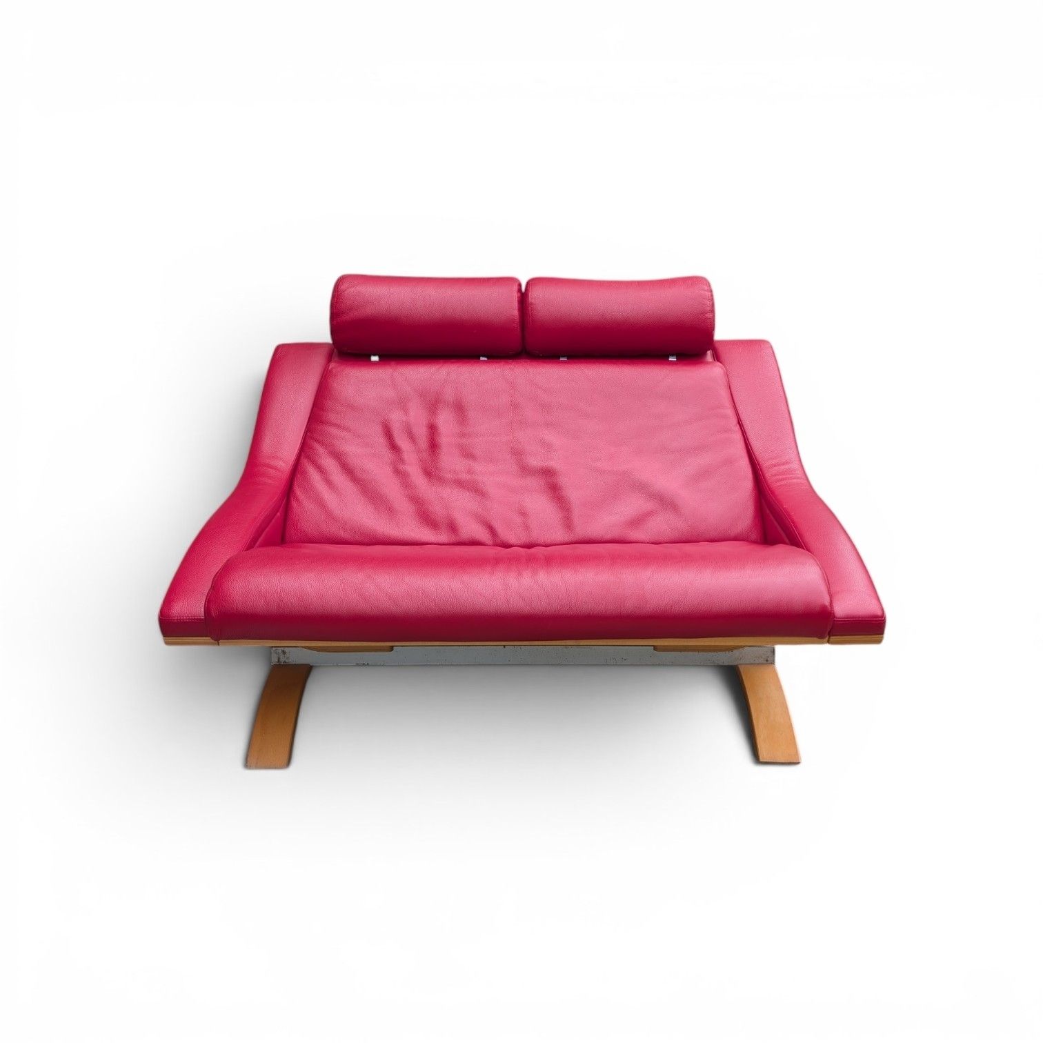 photo furniture Roche Bobois Red Leather Two Seater Sofa On Bentwood Beech Base, France
