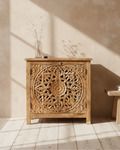 Hand Carved Mango Wood Sideboard: Natural Finish With Floral Mandala Details.