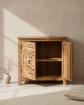 Hand Carved Mango Wood Sideboard: Natural Finish With Floral Mandala Details. photo Furniture