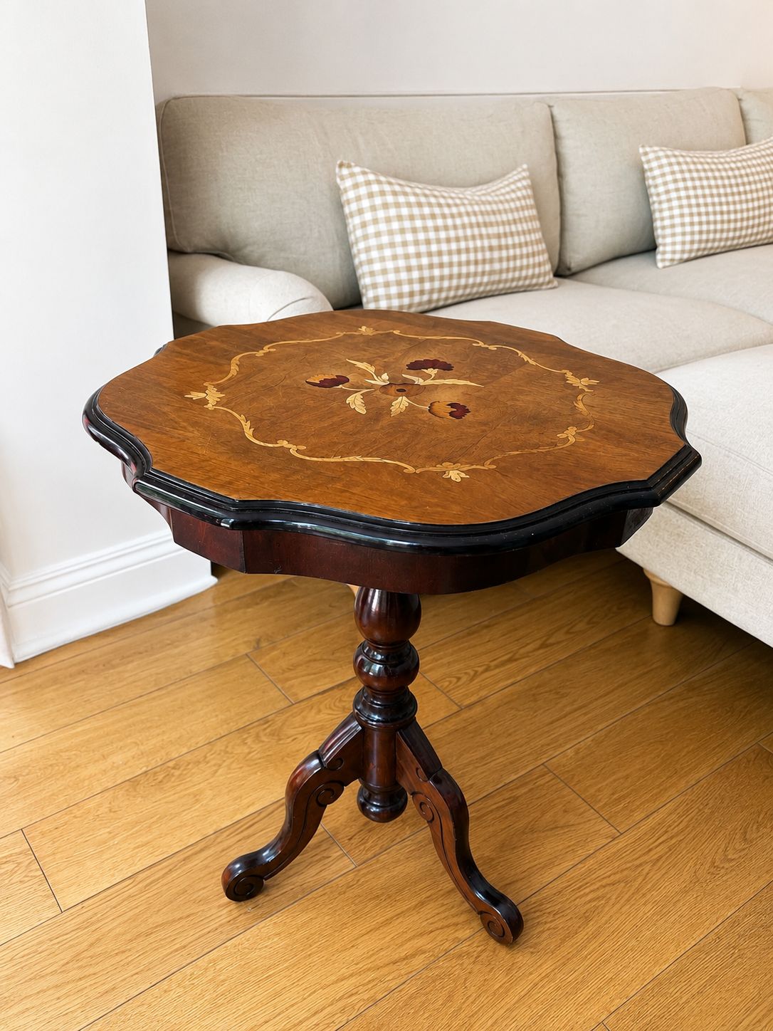 Vintage Wooden Side Table With Floral Inlay