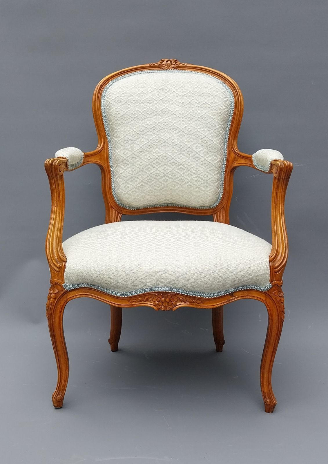 Fabulous Pair Of Antique French Walnut Armchairs Upholstered In Duck Egg Blue And Silver Diamond Fabric photo 650.0