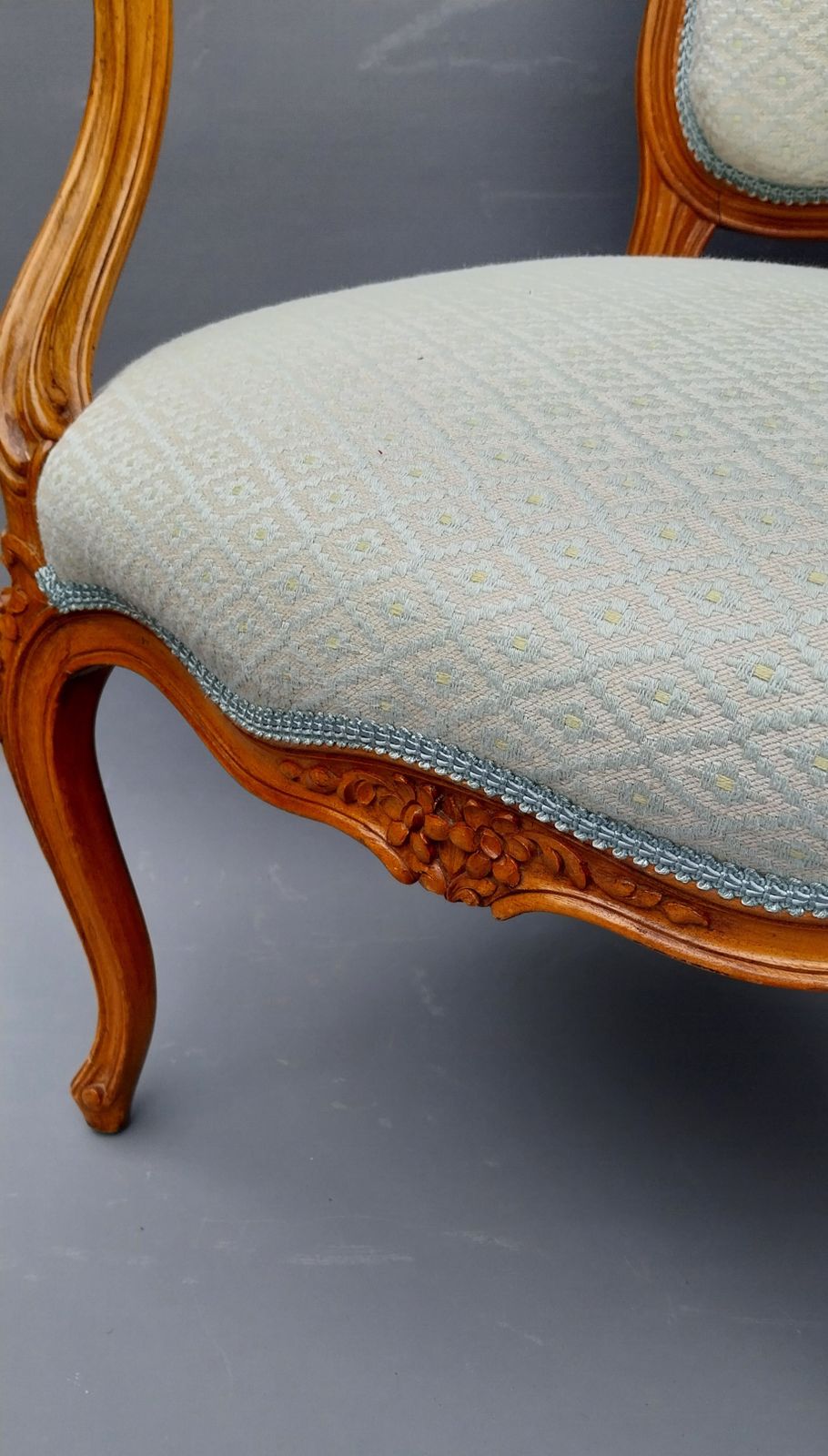 Fabulous Pair Of Antique French Walnut Armchairs Upholstered In Duck Egg Blue And Silver Diamond Fabric photo buy