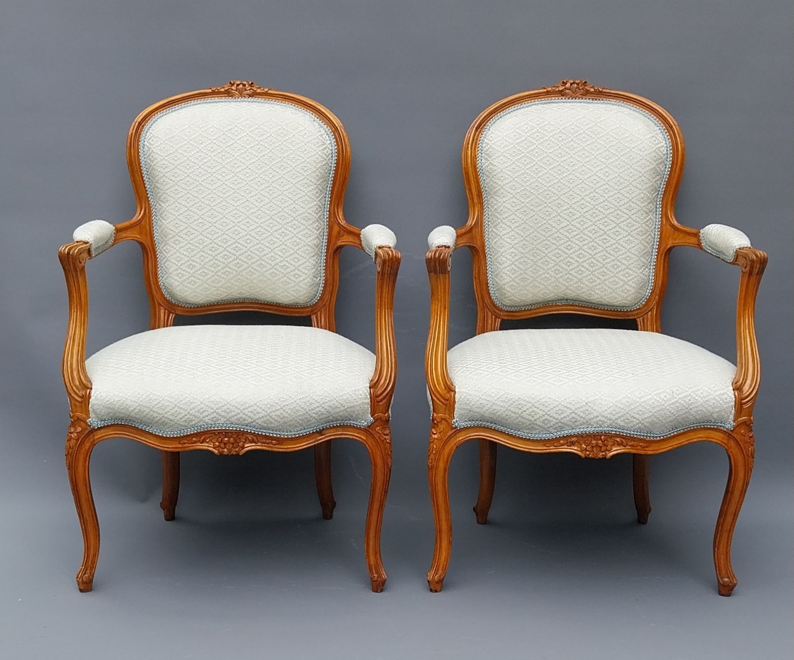 Fabulous Pair Of Antique French Walnut Armchairs Upholstered In Duck Egg Blue And Silver Diamond Fabric photo vintage