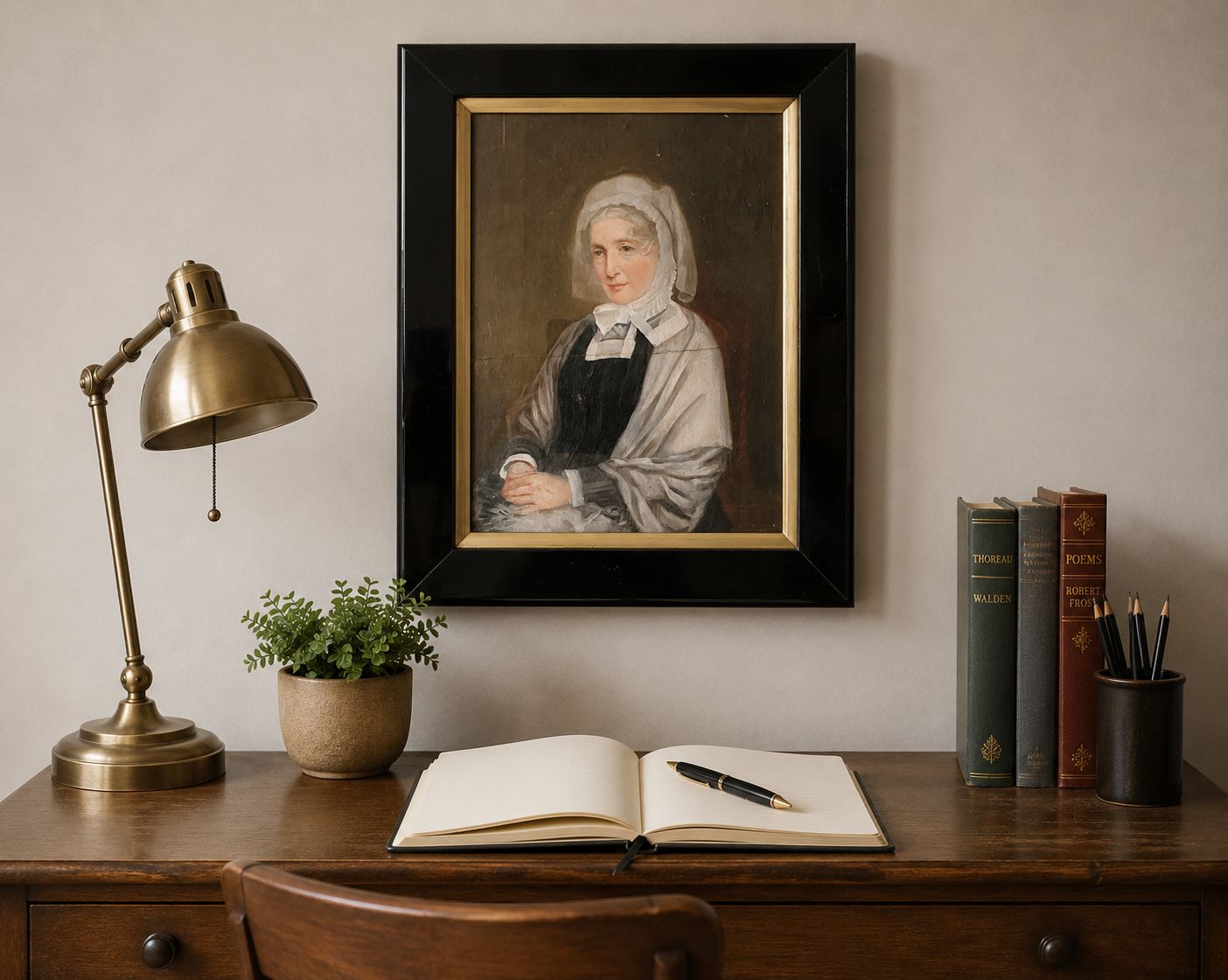 Oil Portrait Painting 19th Century Victorian Lady Wearing A Bonnet, Ebony Framed photo furniture