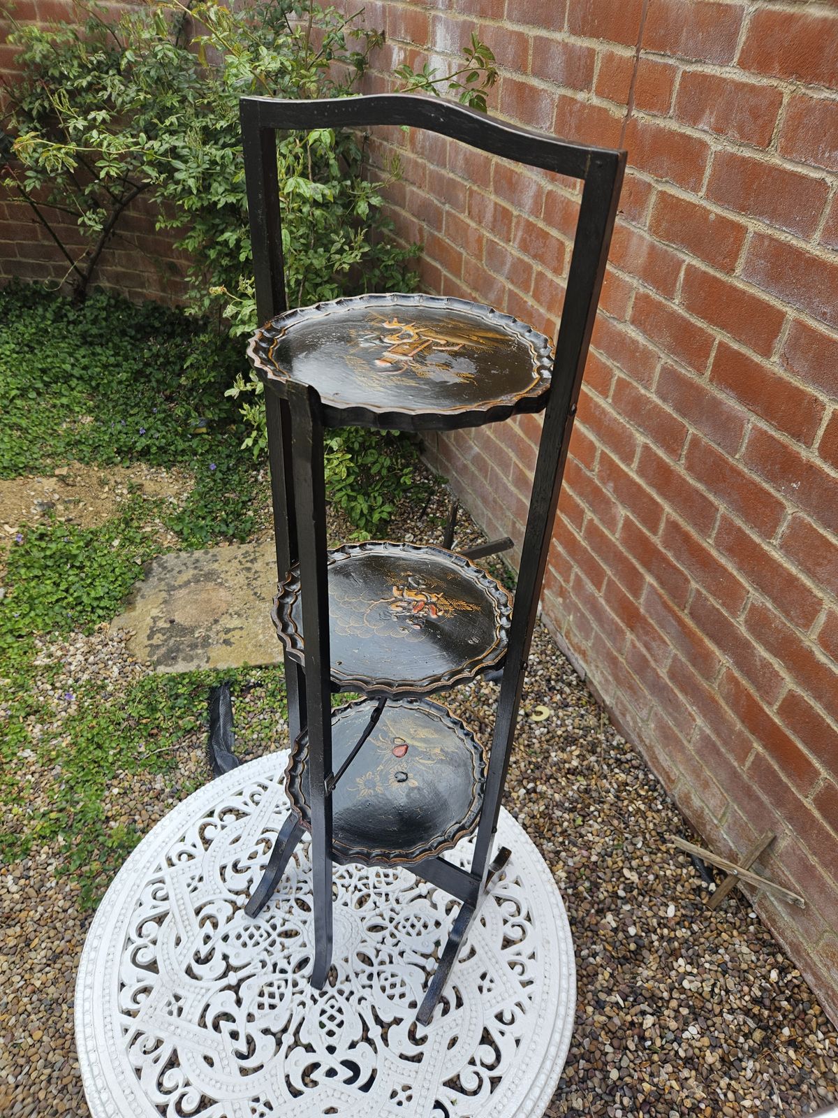 Antique 20th Century Tier Black Laquered Folding Chinoiserie Cake Stand C.1900 photo furniture