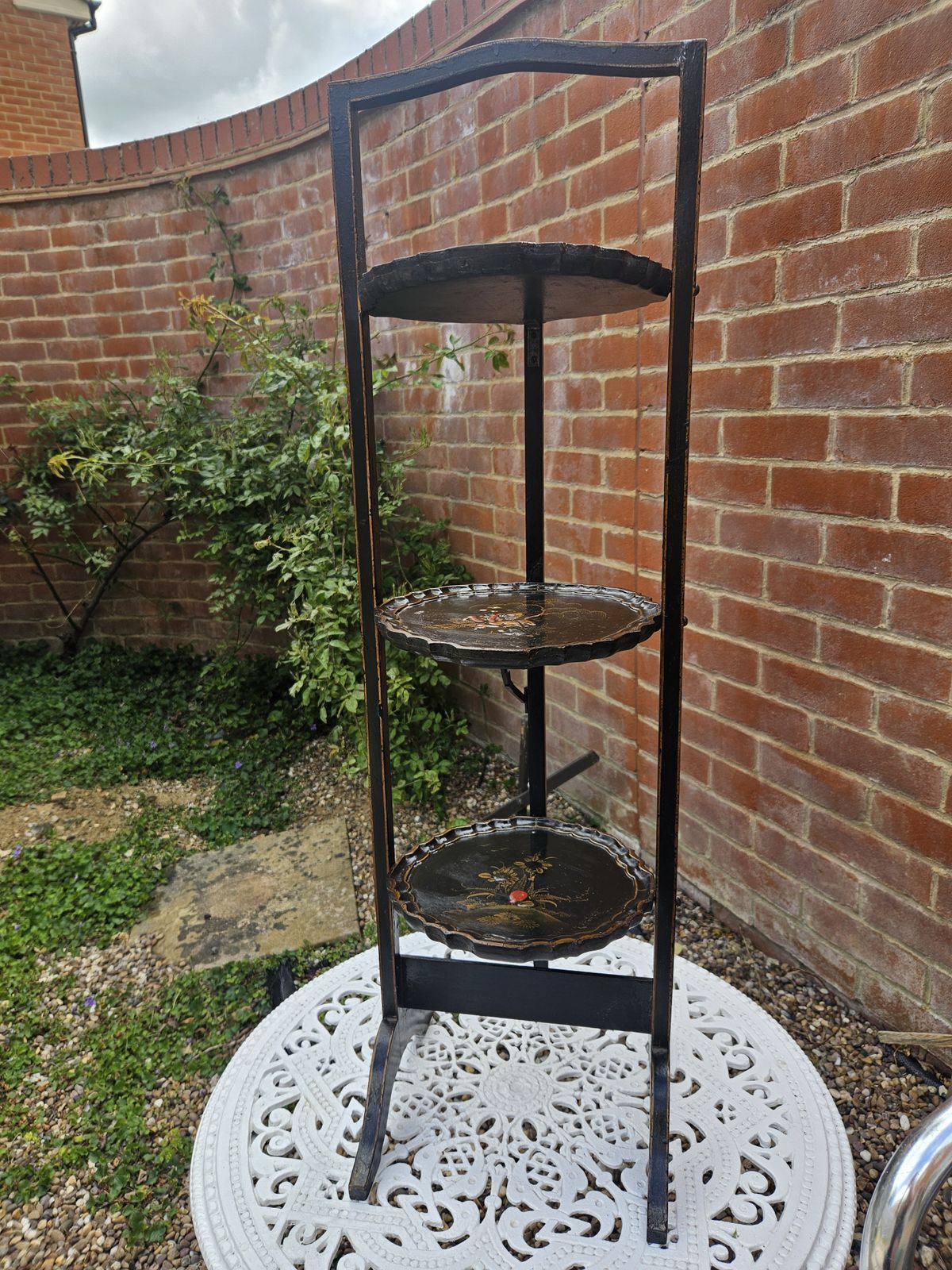 Antique 20th Century Tier Black Laquered Folding Chinoiserie Cake Stand C.1900 photo for sale