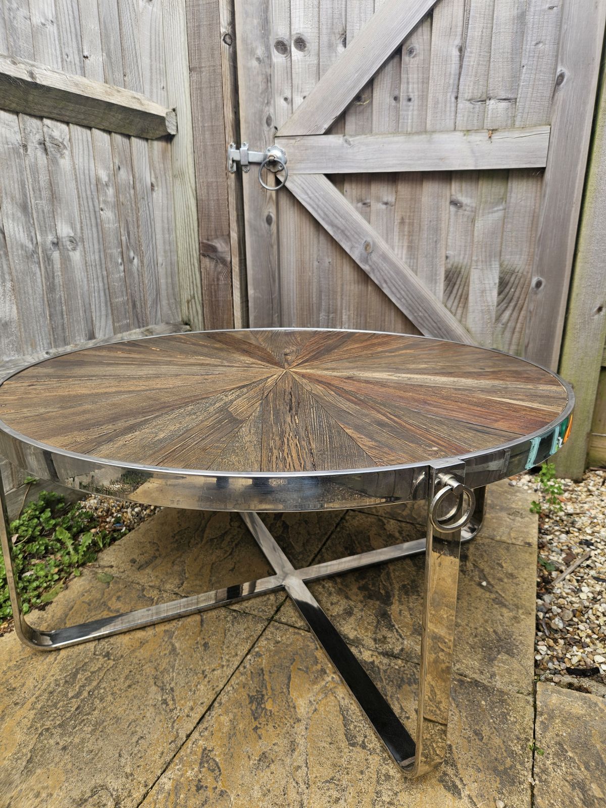 Orsina Mitra Modern Chrome & Elm Wood Coffee Table Reclaimed Wood Sunburst Style