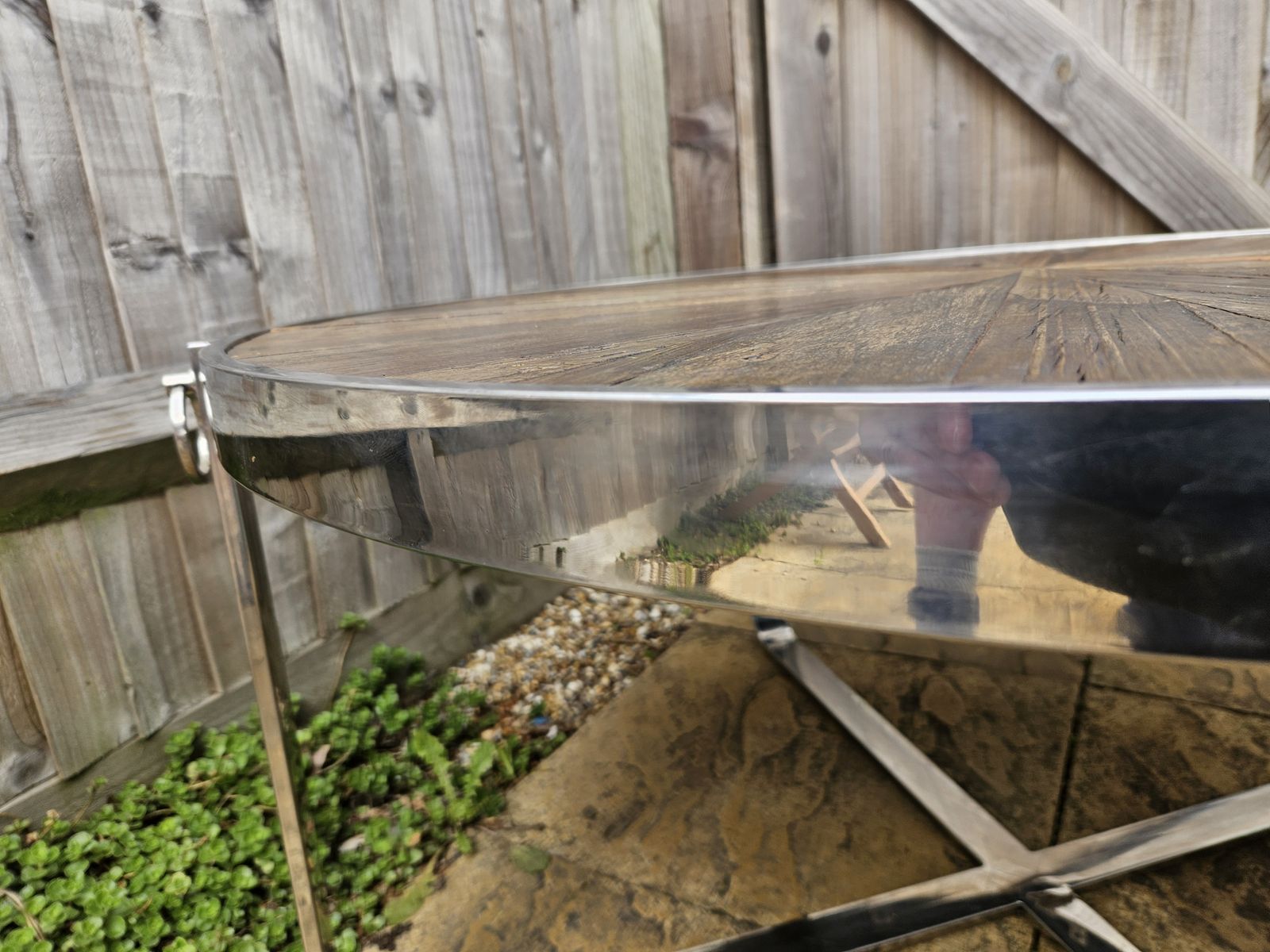 Orsina Mitra Modern Chrome & Elm Wood Coffee Table Reclaimed Wood Sunburst Style photo vintage