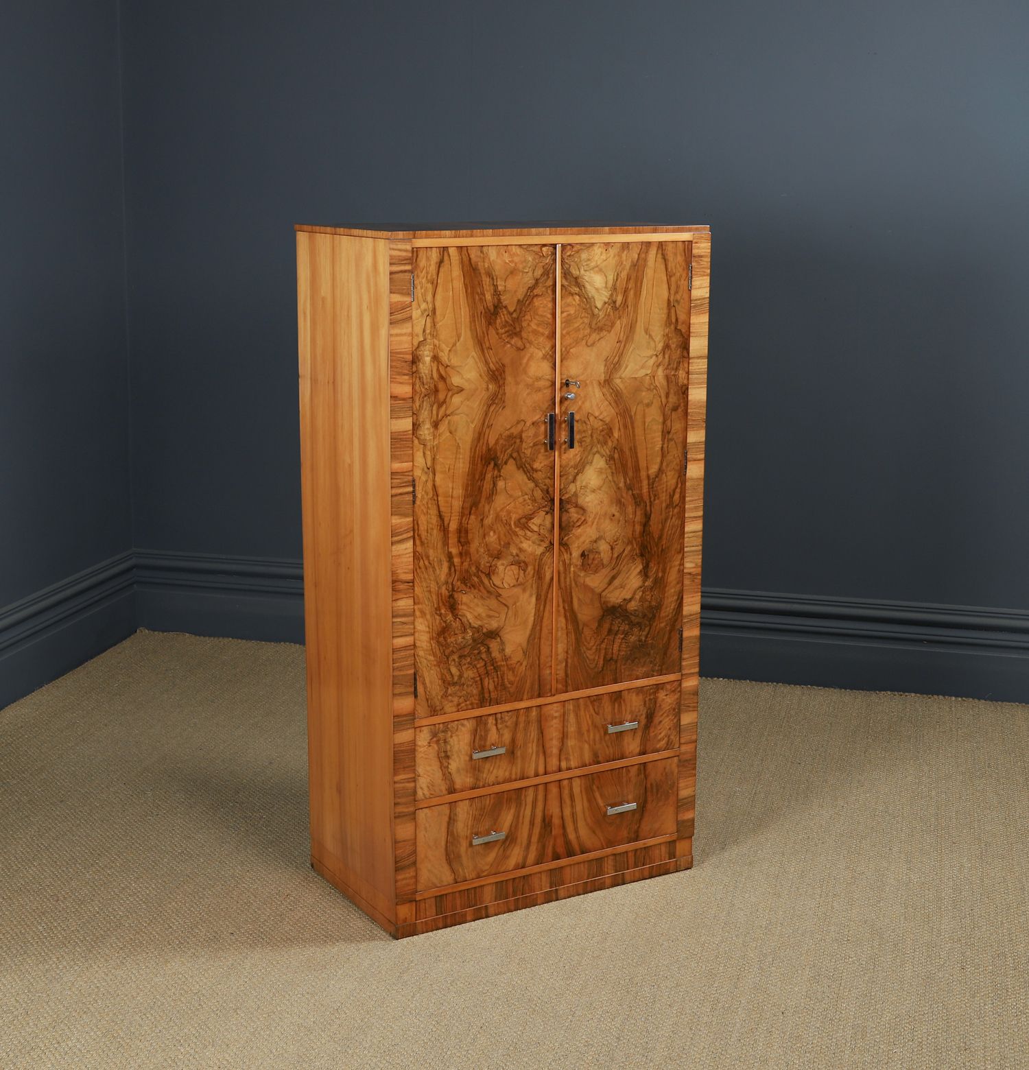 Small English Art Deco Walnut Two Door Tallboy (Circa 1930)