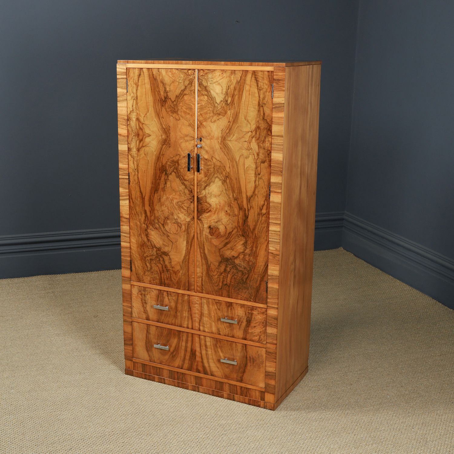 photo for sale Small English Art Deco Walnut Two Door Tallboy (Circa 1930)
