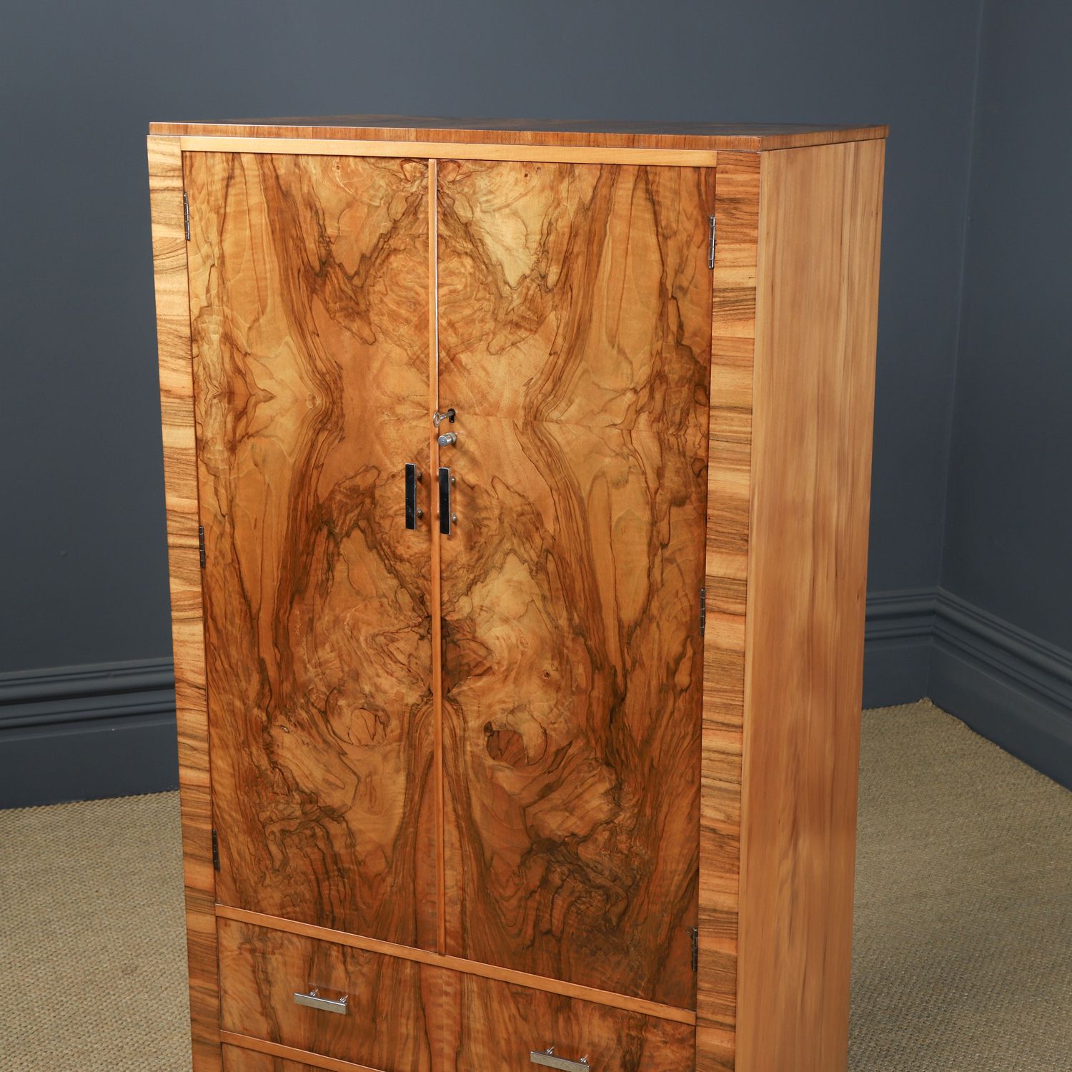 Furniture Small English Art Deco Walnut Two Door Tallboy (Circa 1930) photo