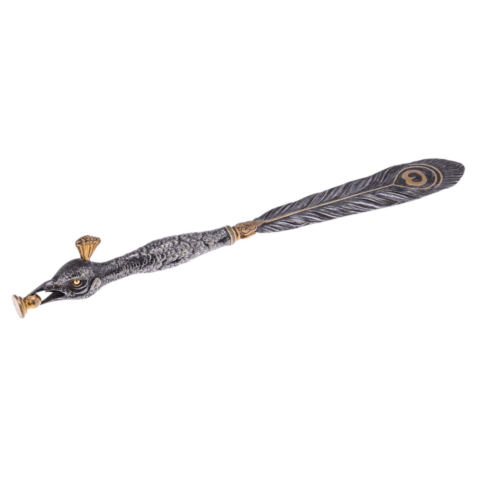 Antique 20th Century Silver Plate & Brass Peacock Letter Opener