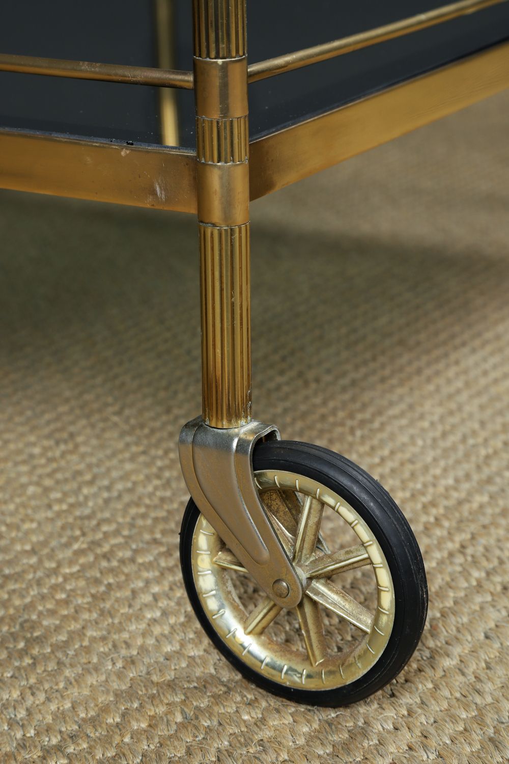 Vintage French Mid Century Brass & Smoked Glass Drinks Serving Trolley Bar Cart (Circa 1960) photo vinterior
