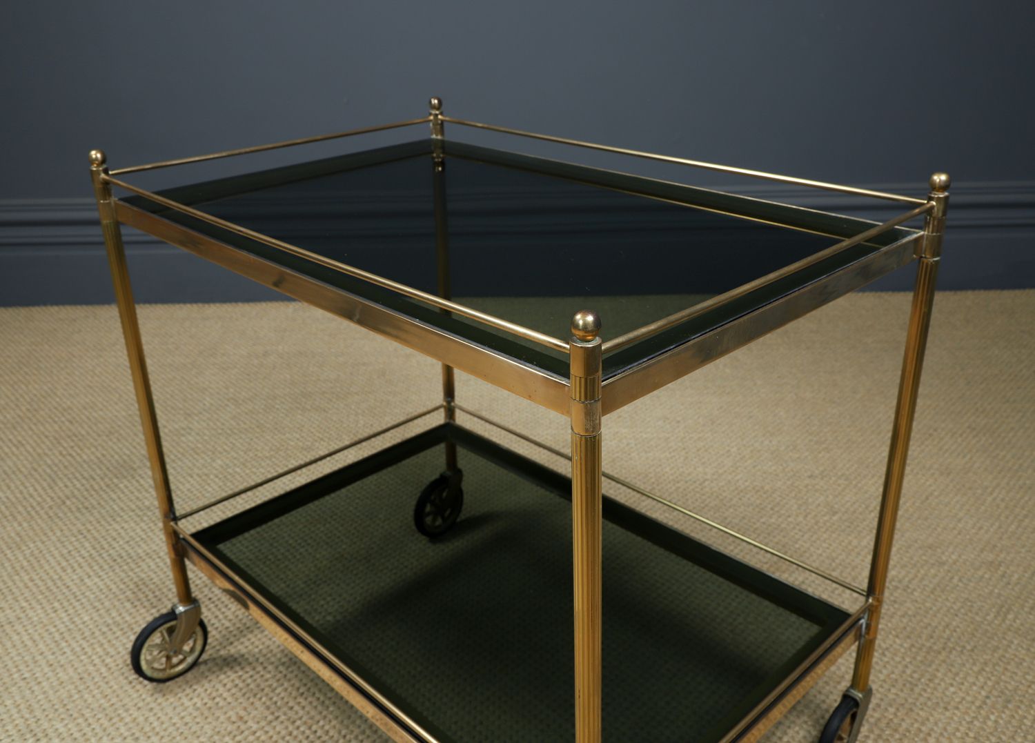 photo buy Vintage French Mid Century Brass & Smoked Glass Drinks Serving Trolley Bar Cart (Circa 1960)