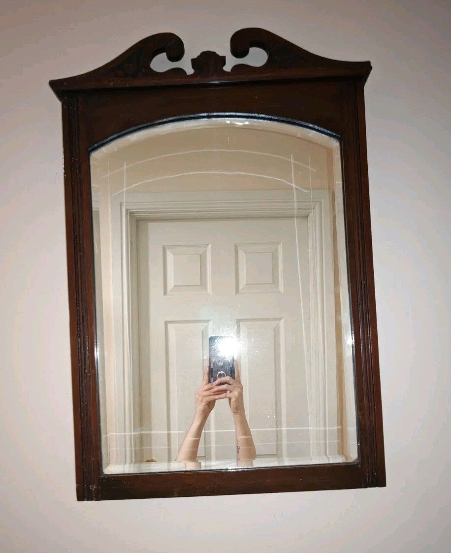 Antique Mahogany Wall Mirror Carved Crest Bevelled Glass 73x48 Cm photo furniture