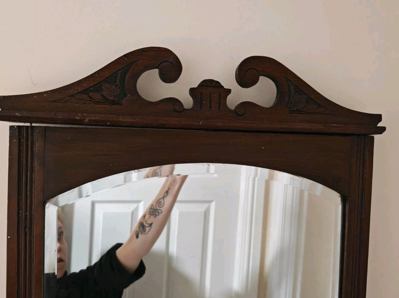 Antique Mahogany Wall Mirror Carved Crest Bevelled Glass 73x48 Cm photo for sale