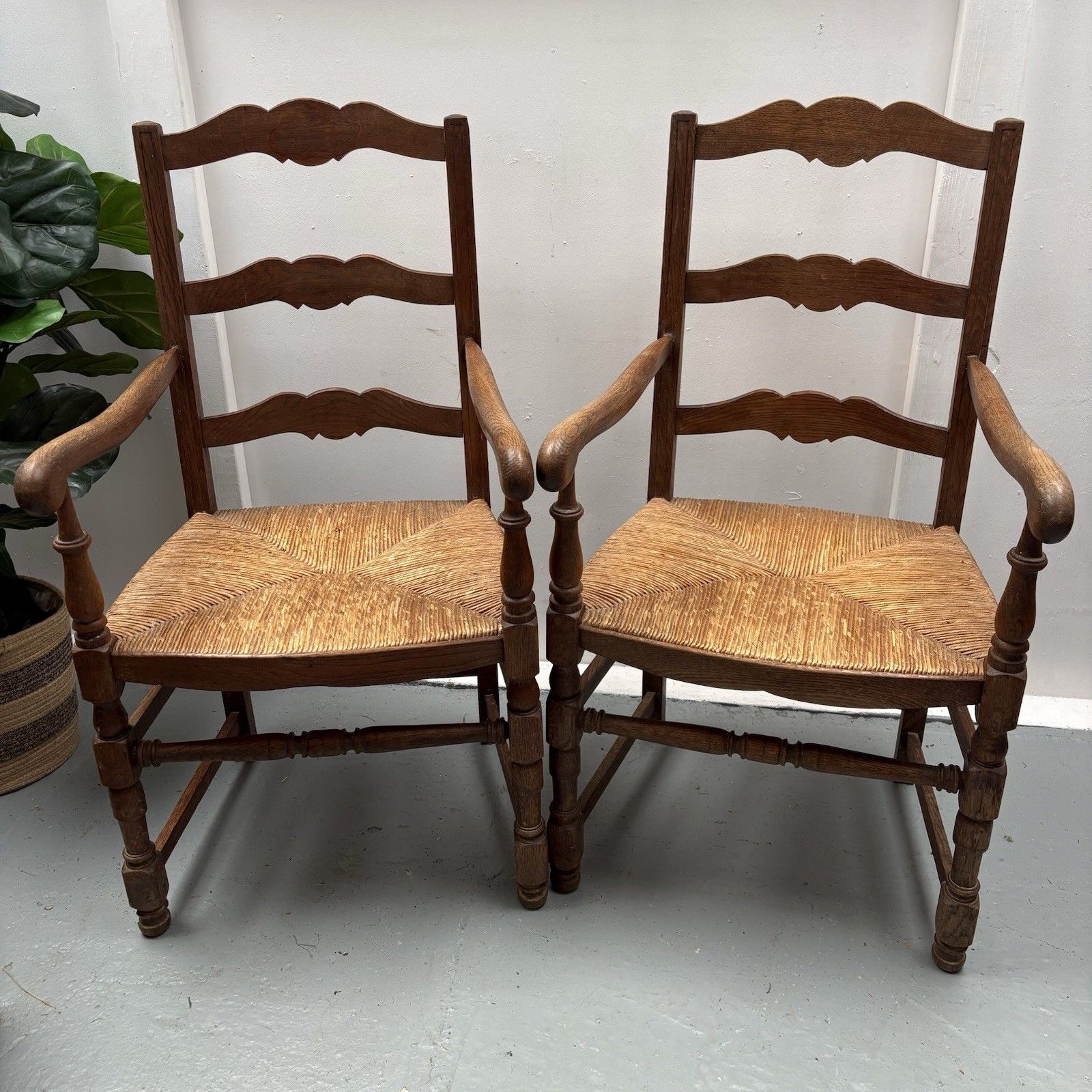 Pair Of Provincial French Country Oak Rush Seat Ladderback Carver Dining Chairs photo furniture