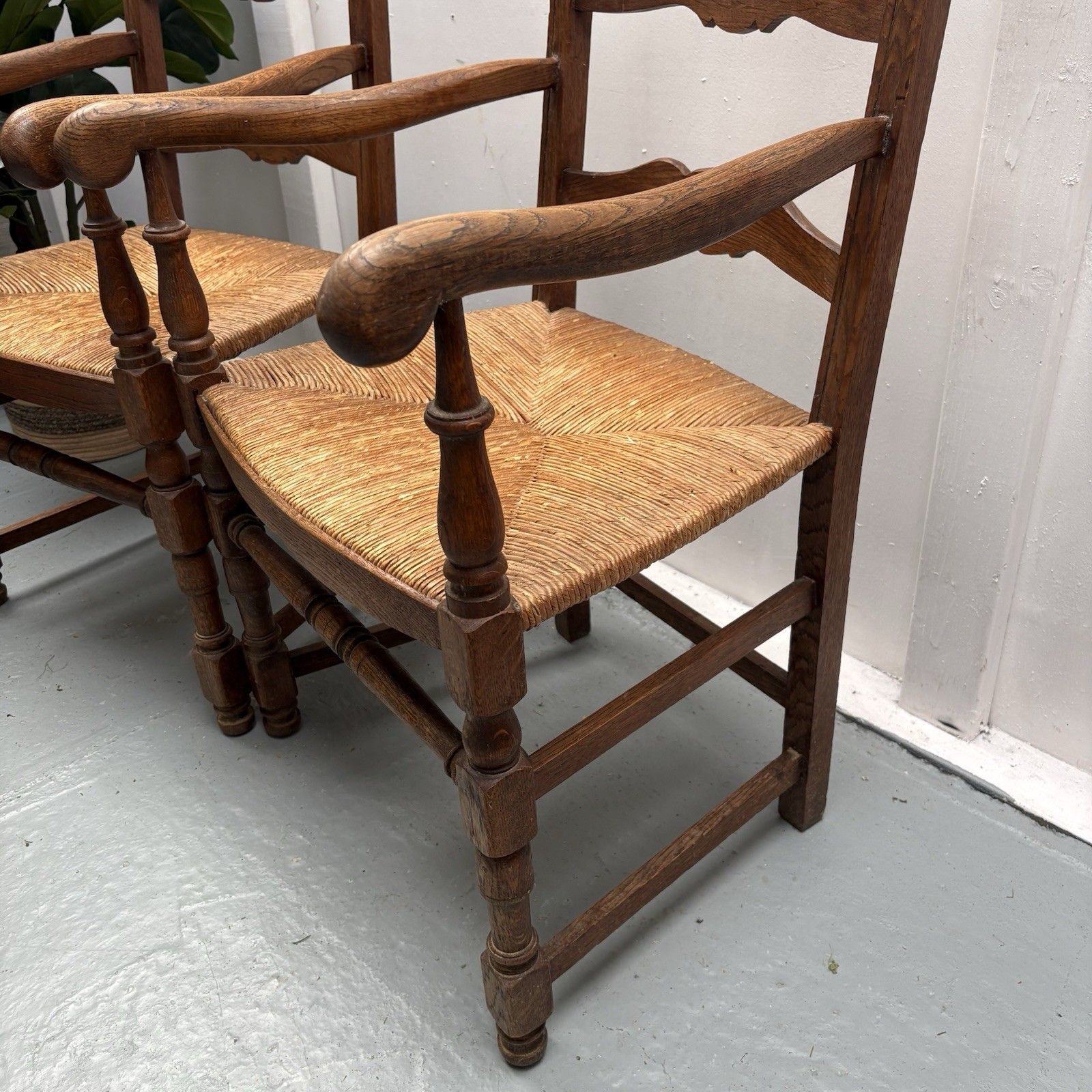 Pair Of Provincial French Country Oak Rush Seat Ladderback Carver Dining Chairs photo buy