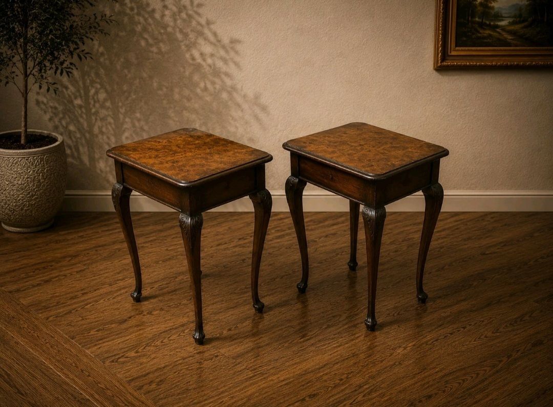 Vintage Burr Walnut Queen Anne Occasional Tables Pair photo furniture