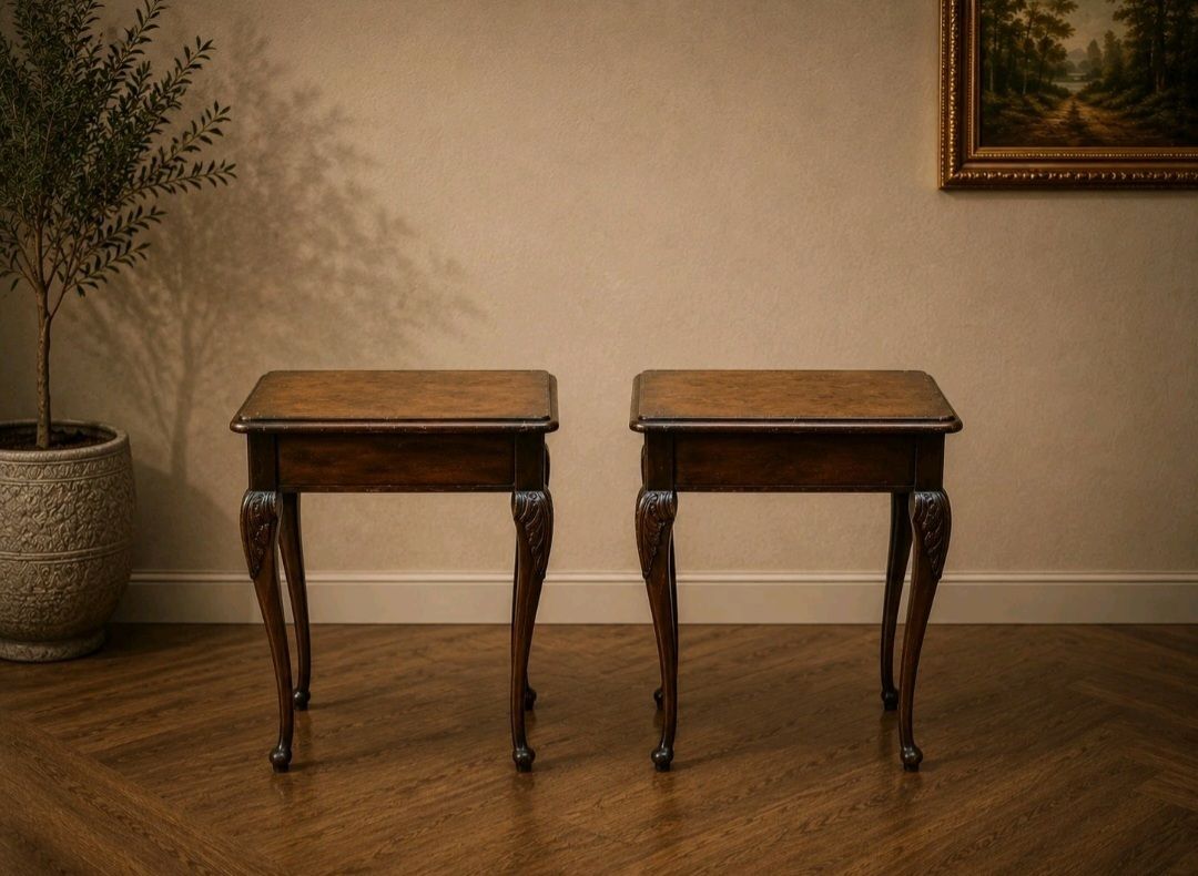Vintage Burr Walnut Queen Anne Occasional Tables Pair photo Furniture