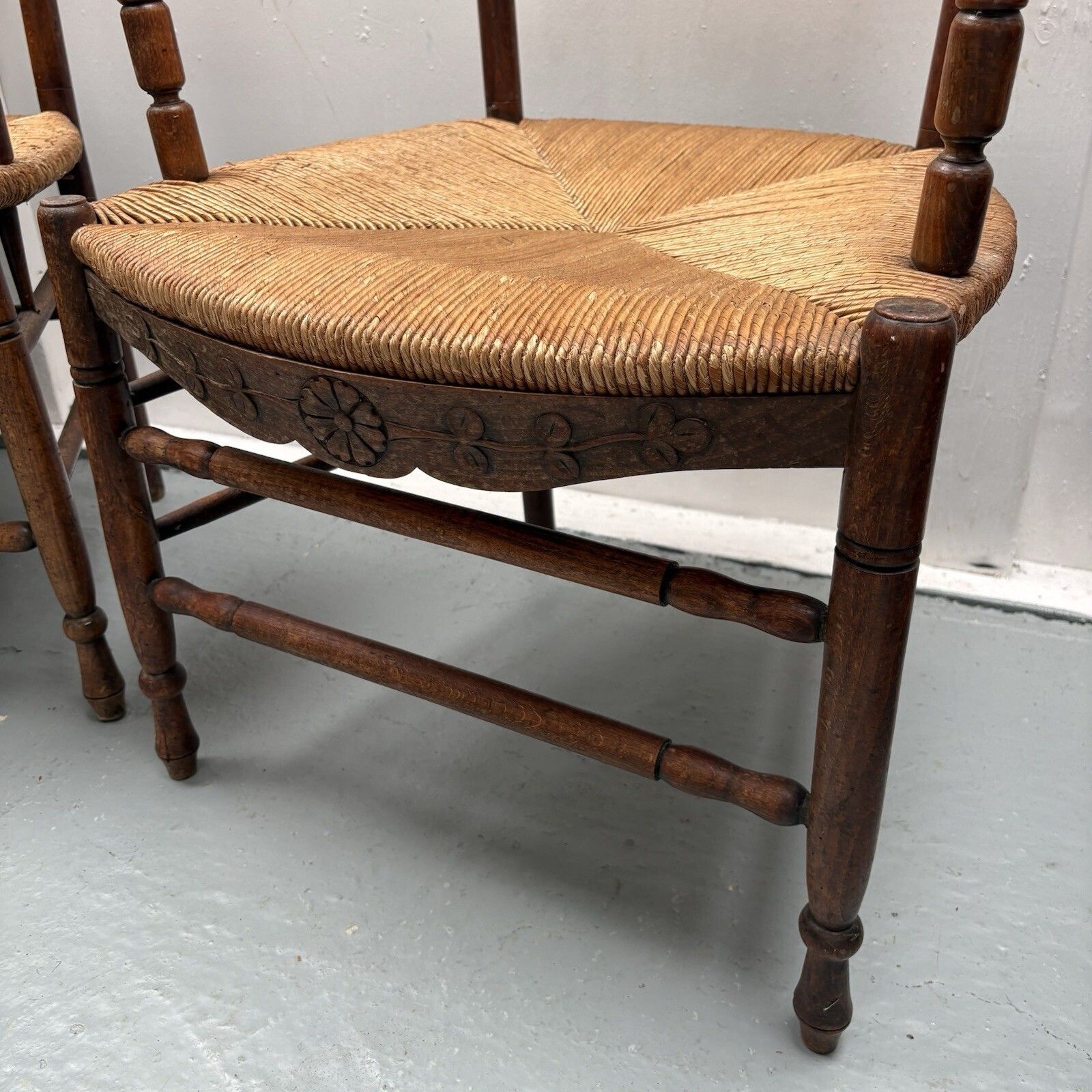 Pair Of Provincial French Country Oak Rush Seat Ladderback Carver Dining Chairs photo Furniture