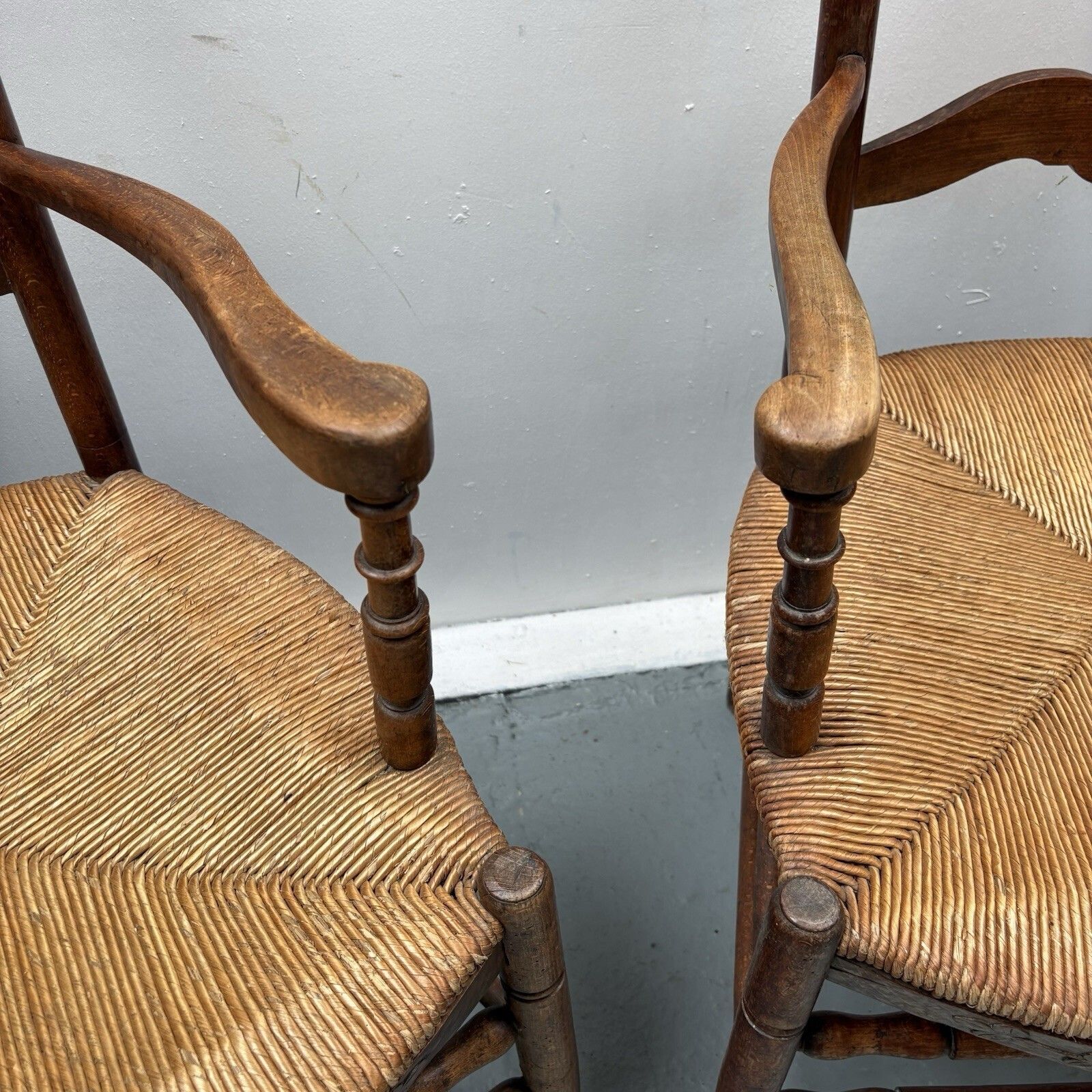 Pair Of Provincial French Country Oak Rush Seat Ladderback Carver Dining Chairs photo buy