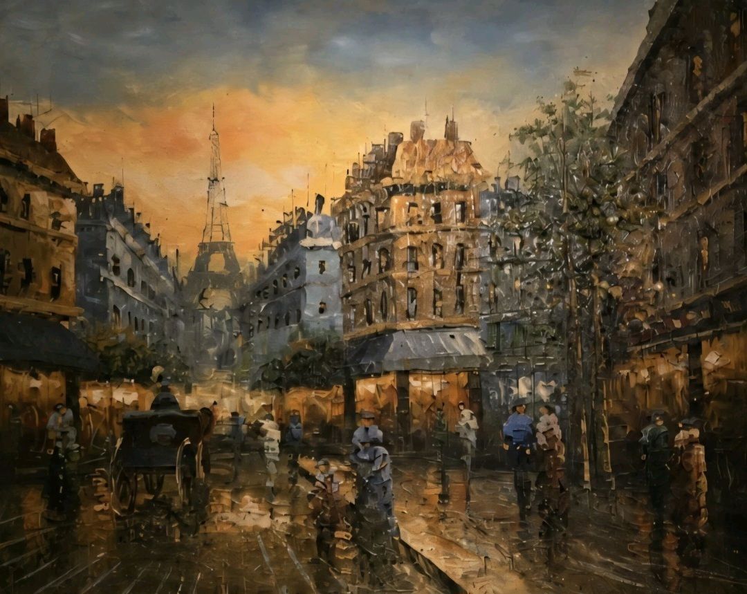 Vintage Paris Street Scene Oil Painting Eiffel Tower photo for sale