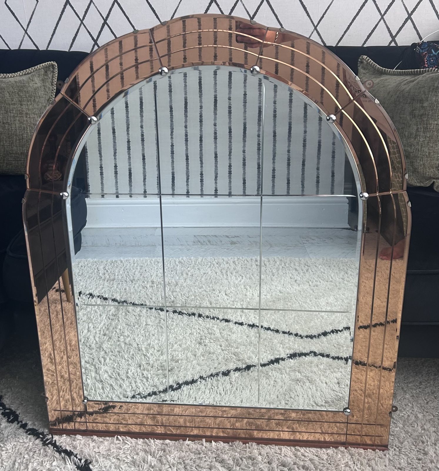 Original 1930s Art Deco Peach Glass Mirror – Bevelled Edge, Chrome Detail, Mint Condition photo furniture