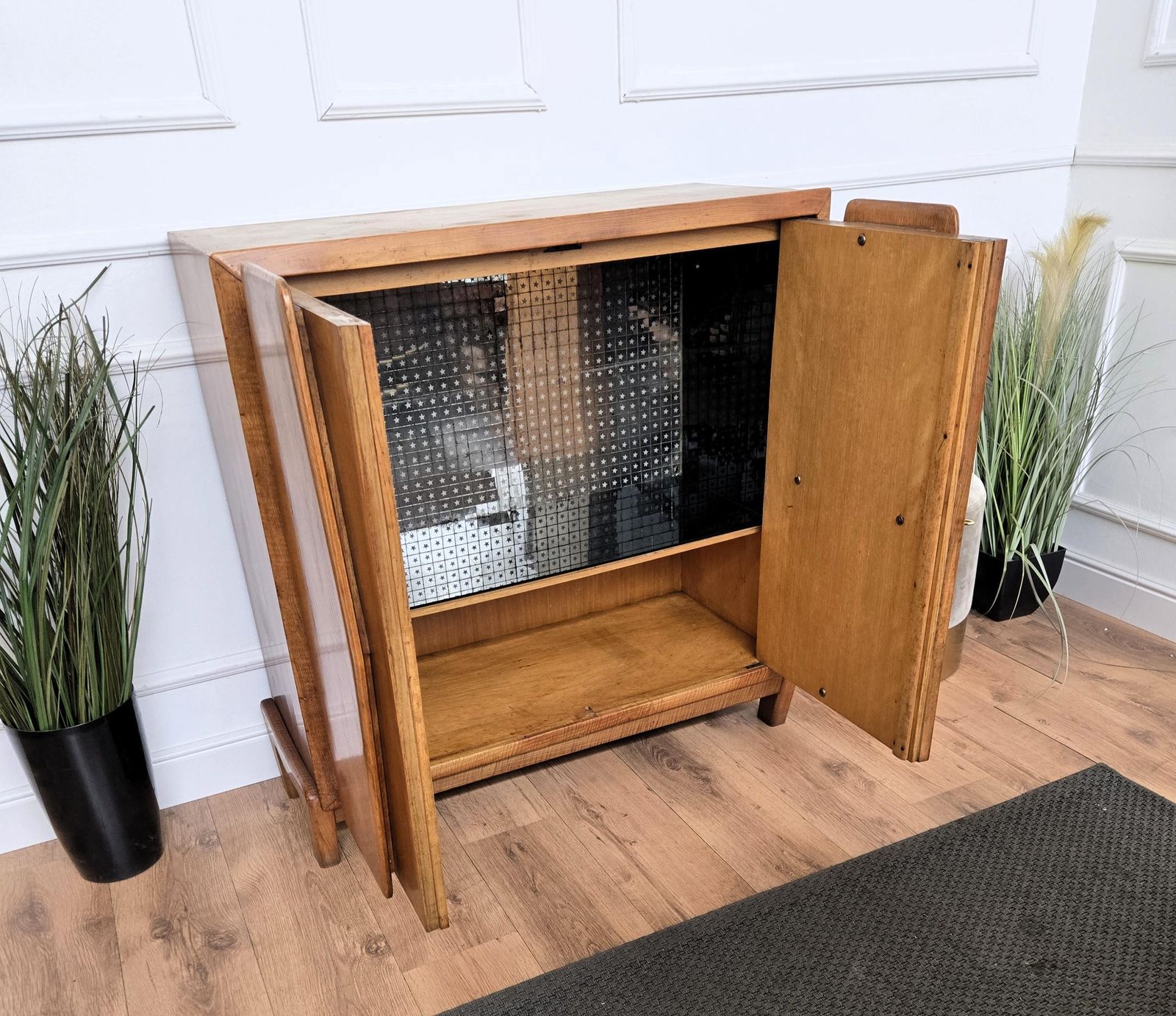 photo for sale 1950s Art Deco Mid Century Italian Walnut Mirror Mosaic Sideboard Bar Cabinet