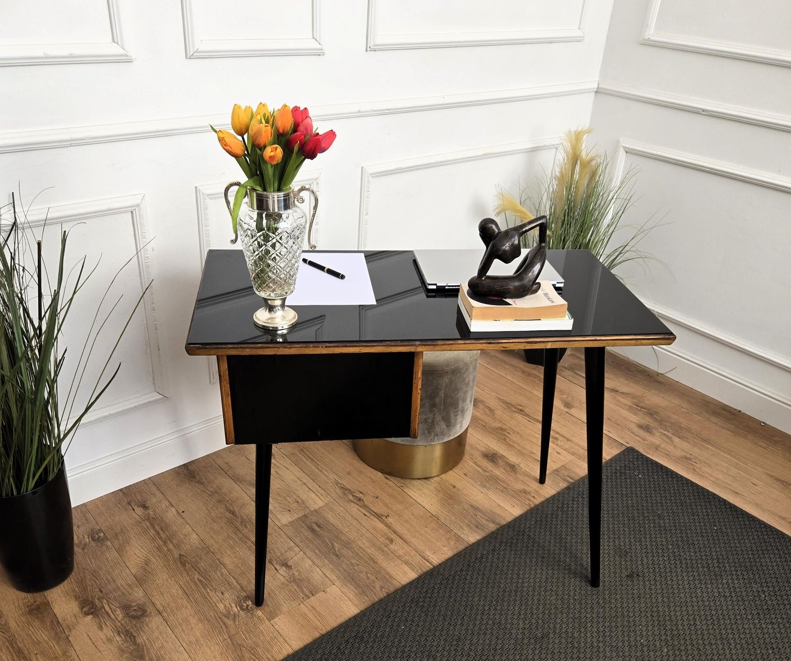 1950s Art Deco Mid Century Italian Walnut Burl Wood Glass Top Writing Desk Table photo vinterior