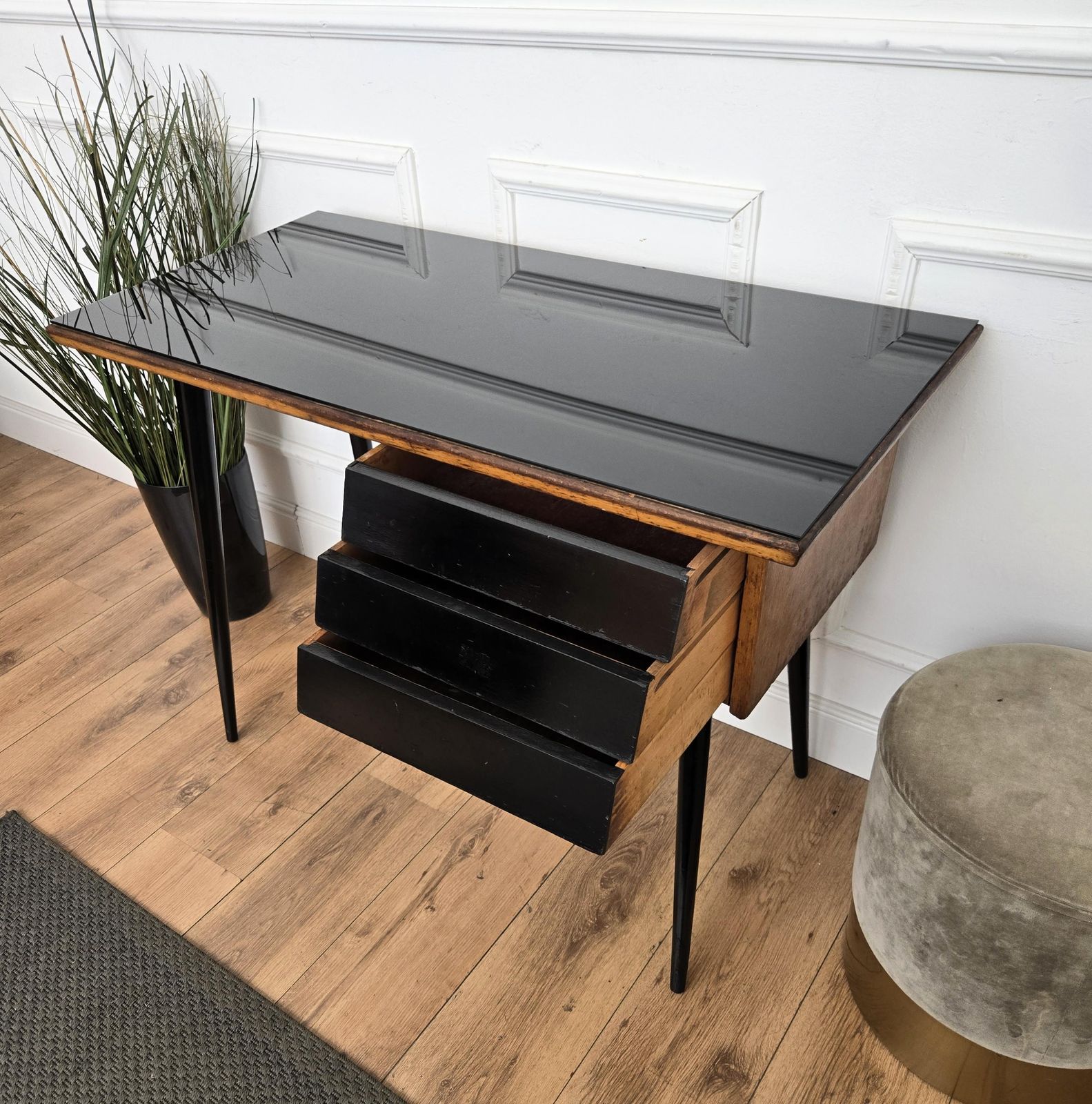 photo for sale 1950s Art Deco Mid Century Italian Walnut Burl Wood Glass Top Writing Desk Table