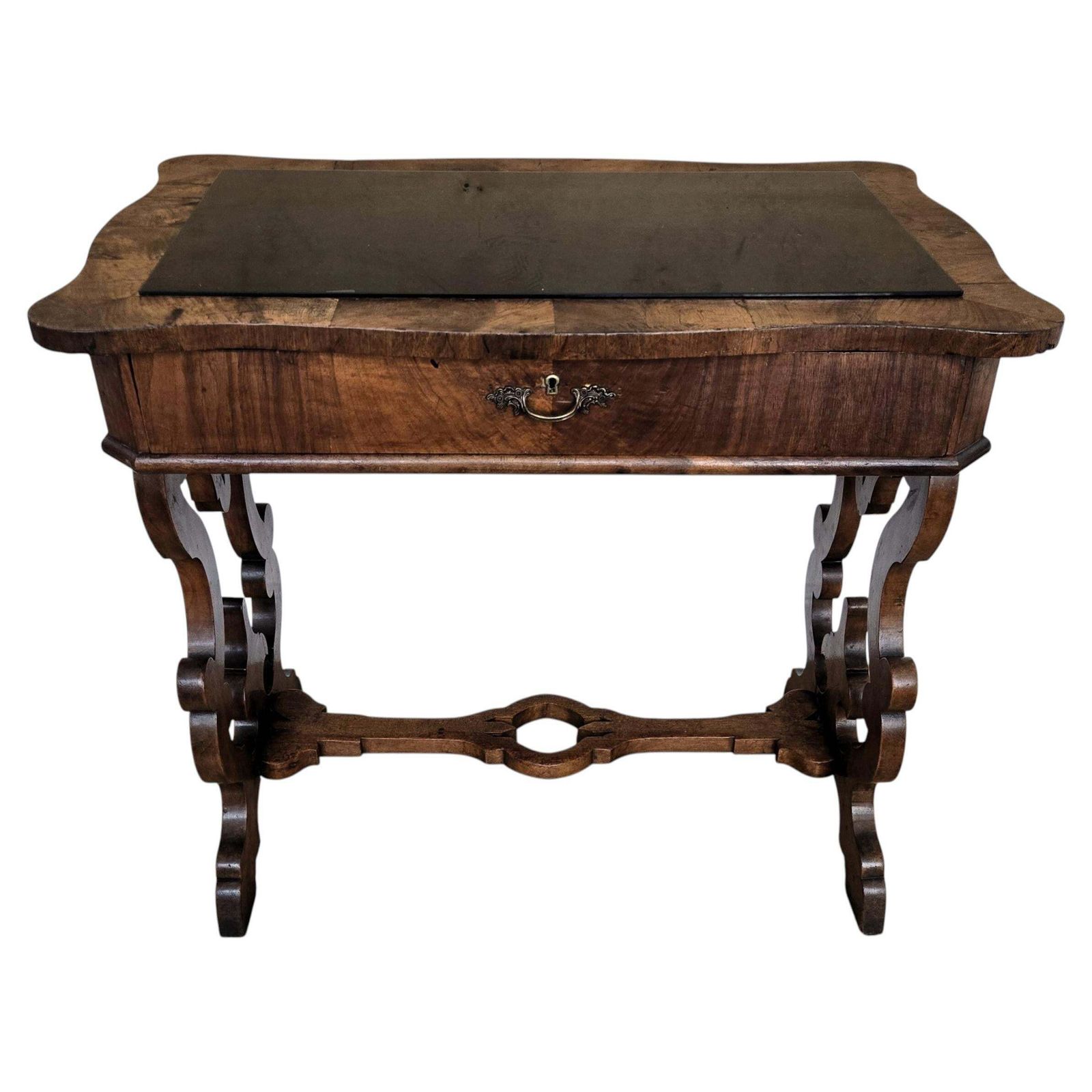 Italian Walnut Burl Wood Deco Baroque Style Lyre Leg Trestle Side Console Table