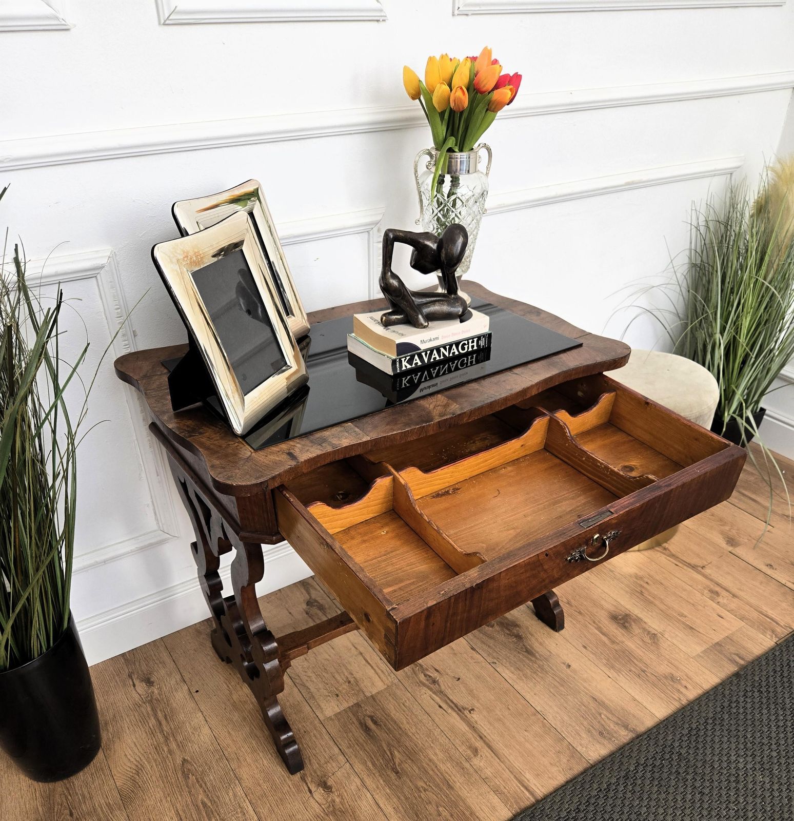 Italian Walnut Burl Wood Deco Baroque Style Lyre Leg Trestle Side Console Table photo vinterior