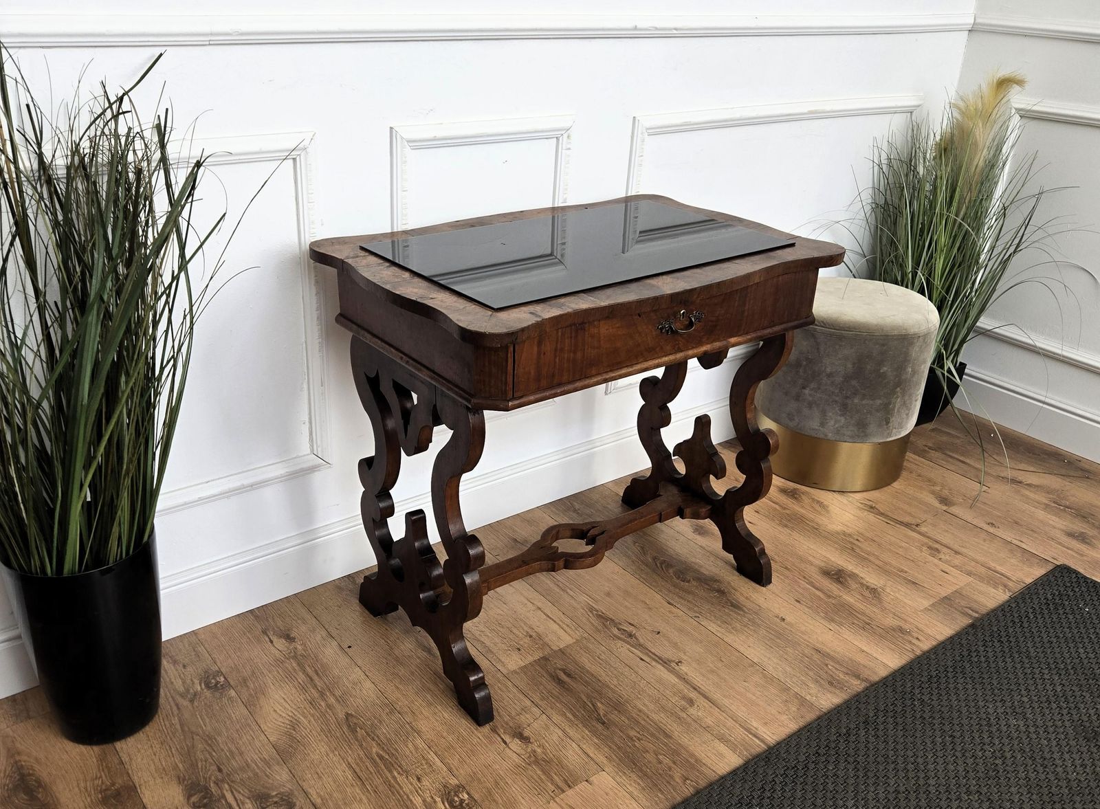 Italian Walnut Burl Wood Deco Baroque Style Lyre Leg Trestle Side Console Table photo buy