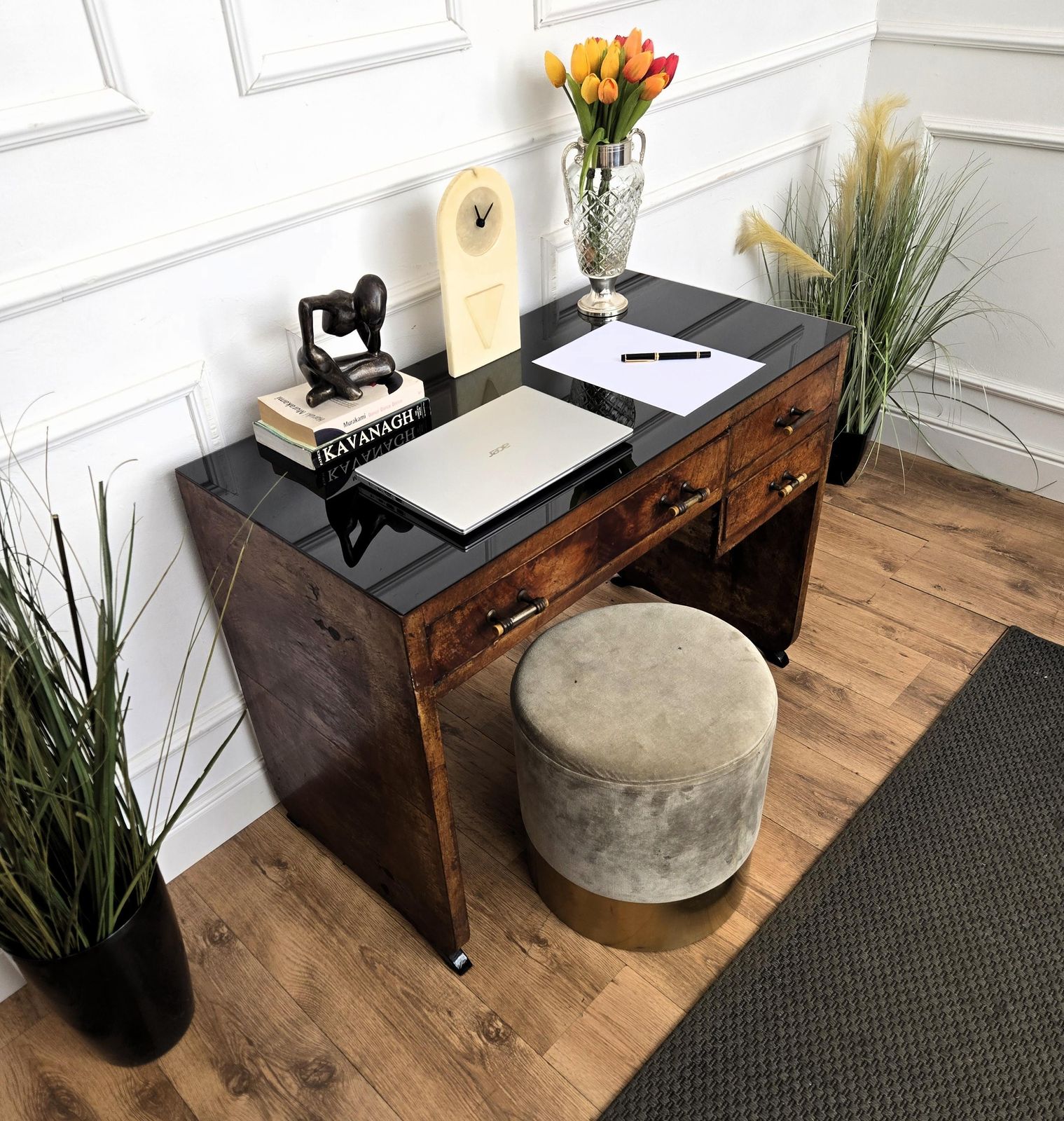 1940s Art Deco Midcentury Italian Walnut Burl Wood Glass Top Writing Desk Table photo Furniture