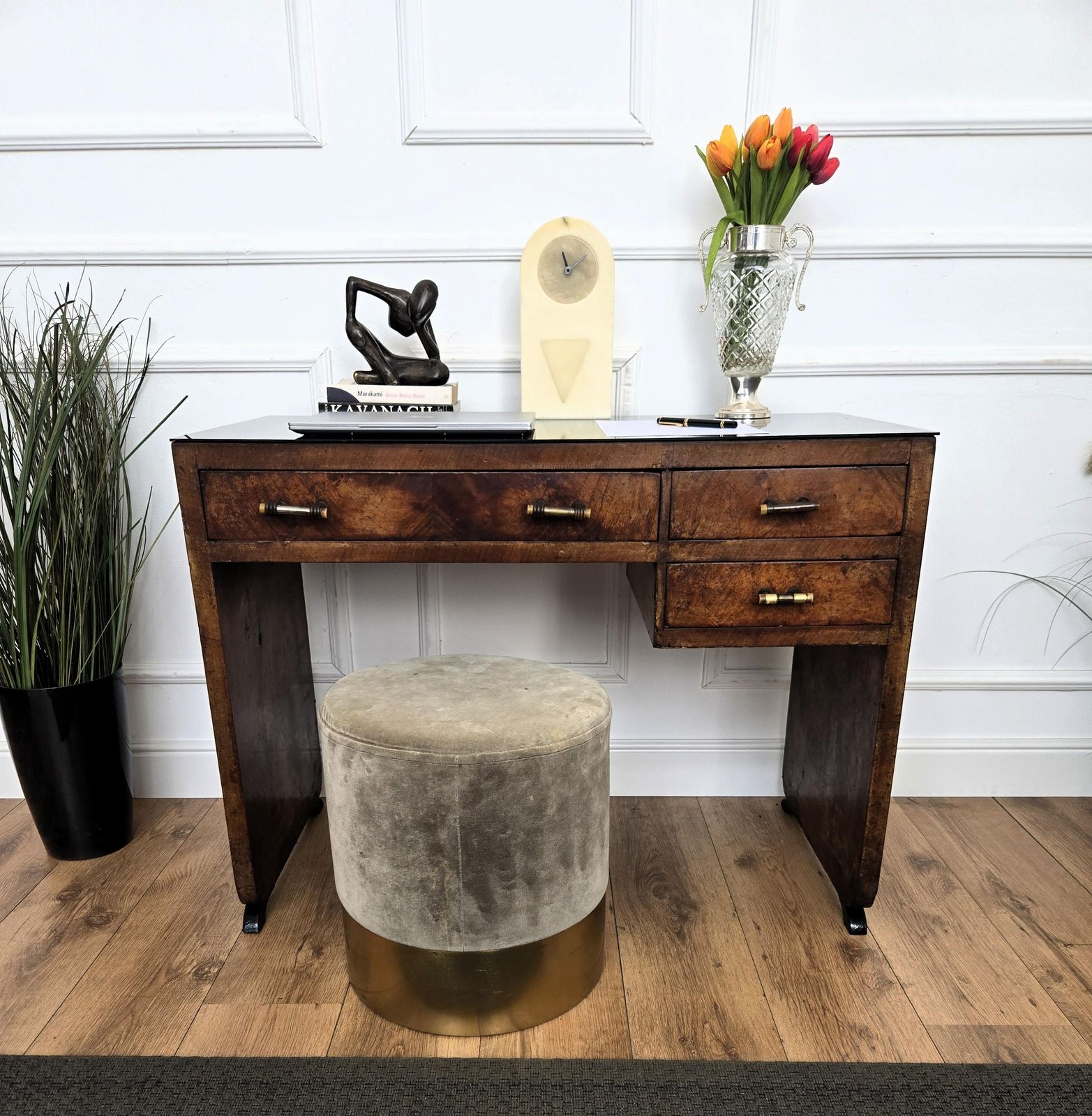 1940s Art Deco Midcentury Italian Walnut Burl Wood Glass Top Writing Desk Table photo 1741.0