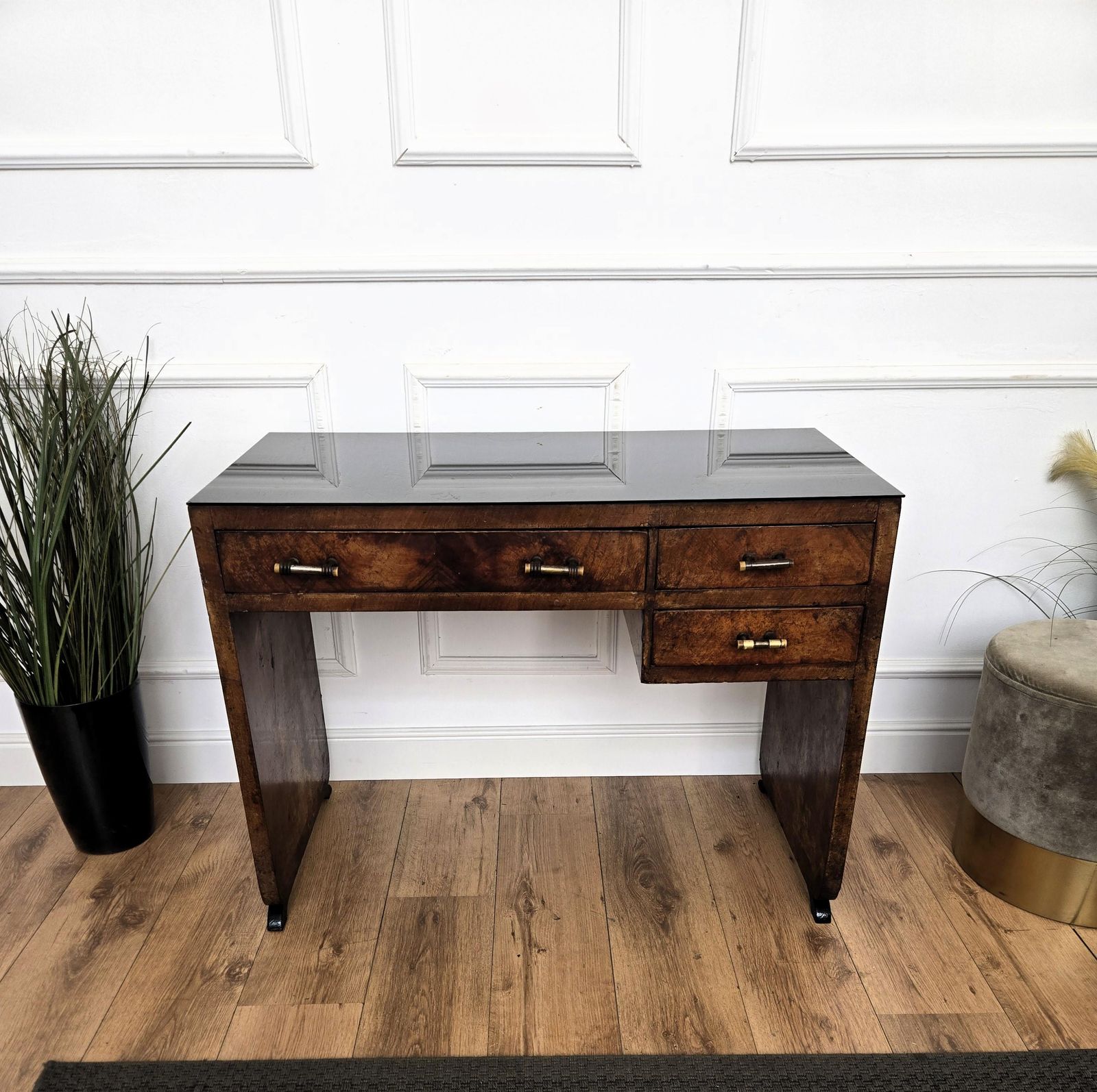photo furniture 1940s Art Deco Midcentury Italian Walnut Burl Wood Glass Top Writing Desk Table