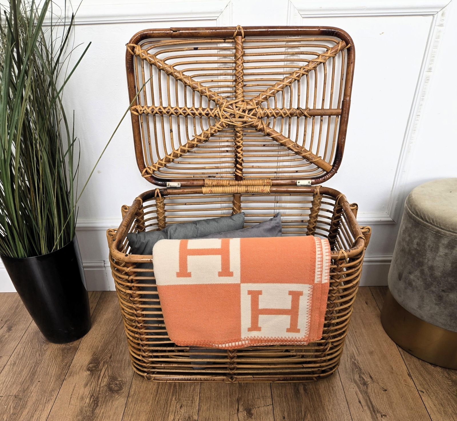1960s Italian Designer Bamboo Rattan Bohemian French Riviera Basket Container photo for sale