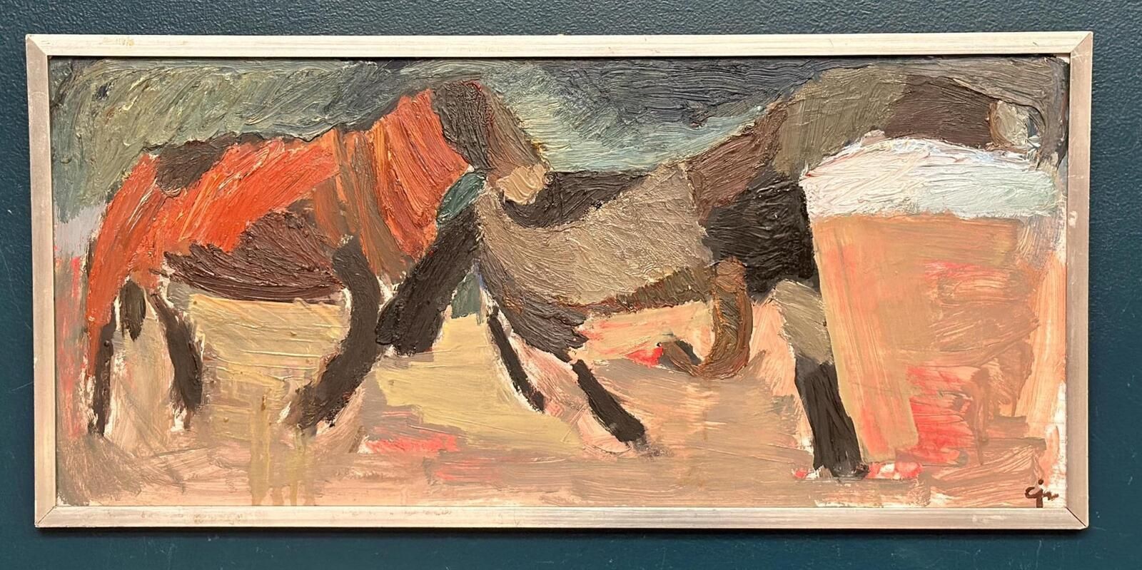 Original Mid Century Swedish Oil On Panel – “Two Horses” By Calle Johansson –  1959 – Vintage & Framed – 35 × 75 Cm (13.8" × 29.5") photo for sale