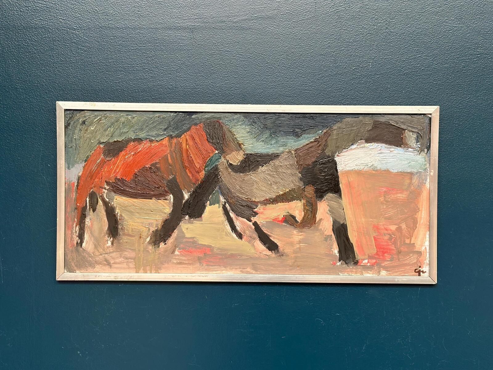 Original Mid Century Swedish Oil On Panel – “Two Horses” By Calle Johansson –  1959 – Vintage & Framed – 35 × 75 Cm (13.8" × 29.5") photo 545.0