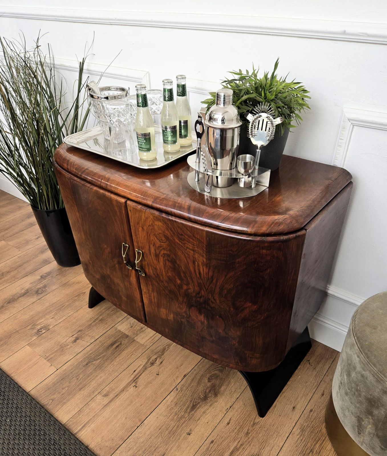 1940s Art Deco Midcentury Italian Walnut Burl And Mirror Mosaic Dry Bar Cabinet photo vinterior