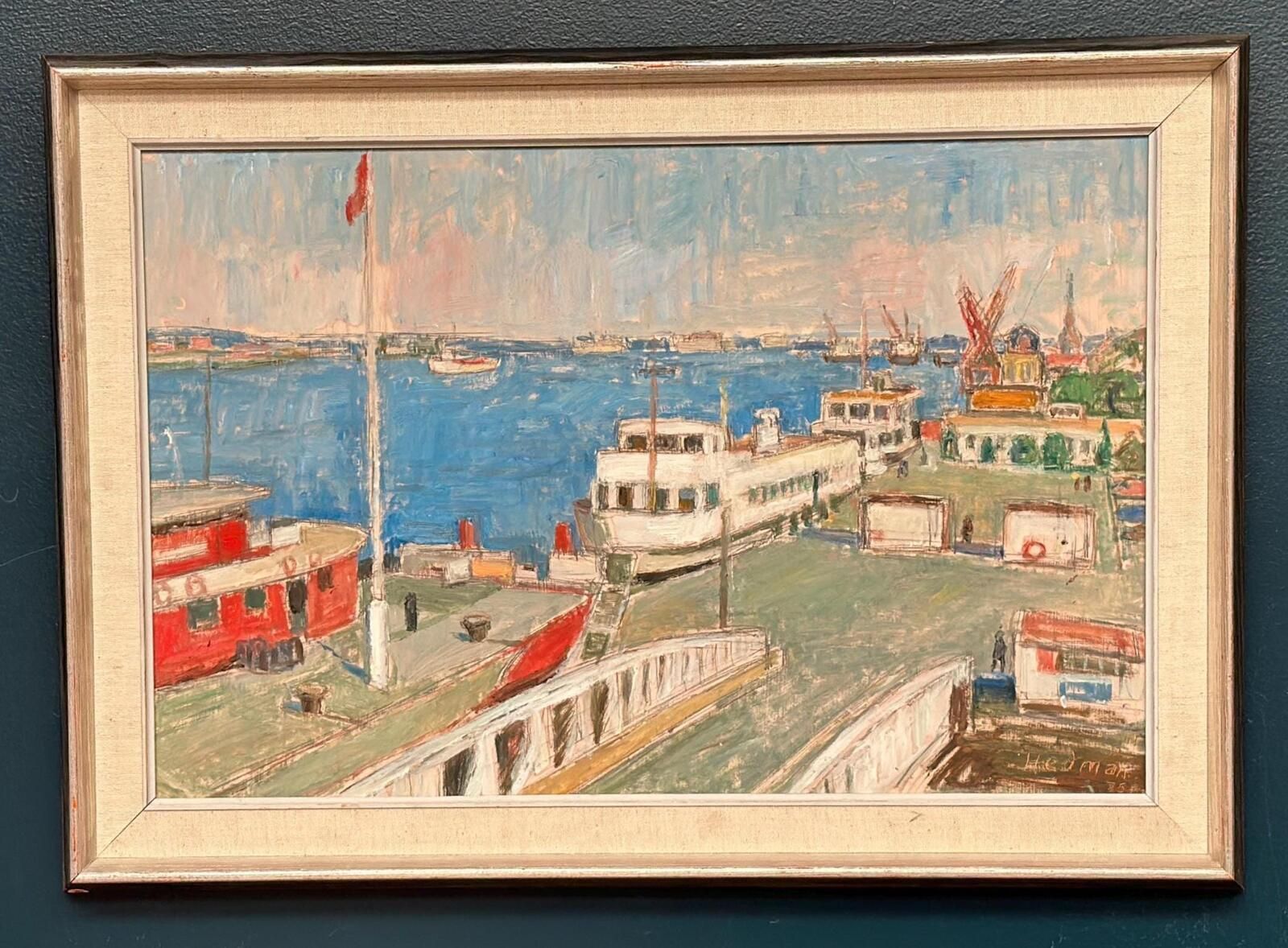 Original Swedish Oil Painting – “Malmö Harbour” By John Hedman – Vintage & Framed – 69.5 × 49.5 Cm (27.4" × 19.5") photo furniture
