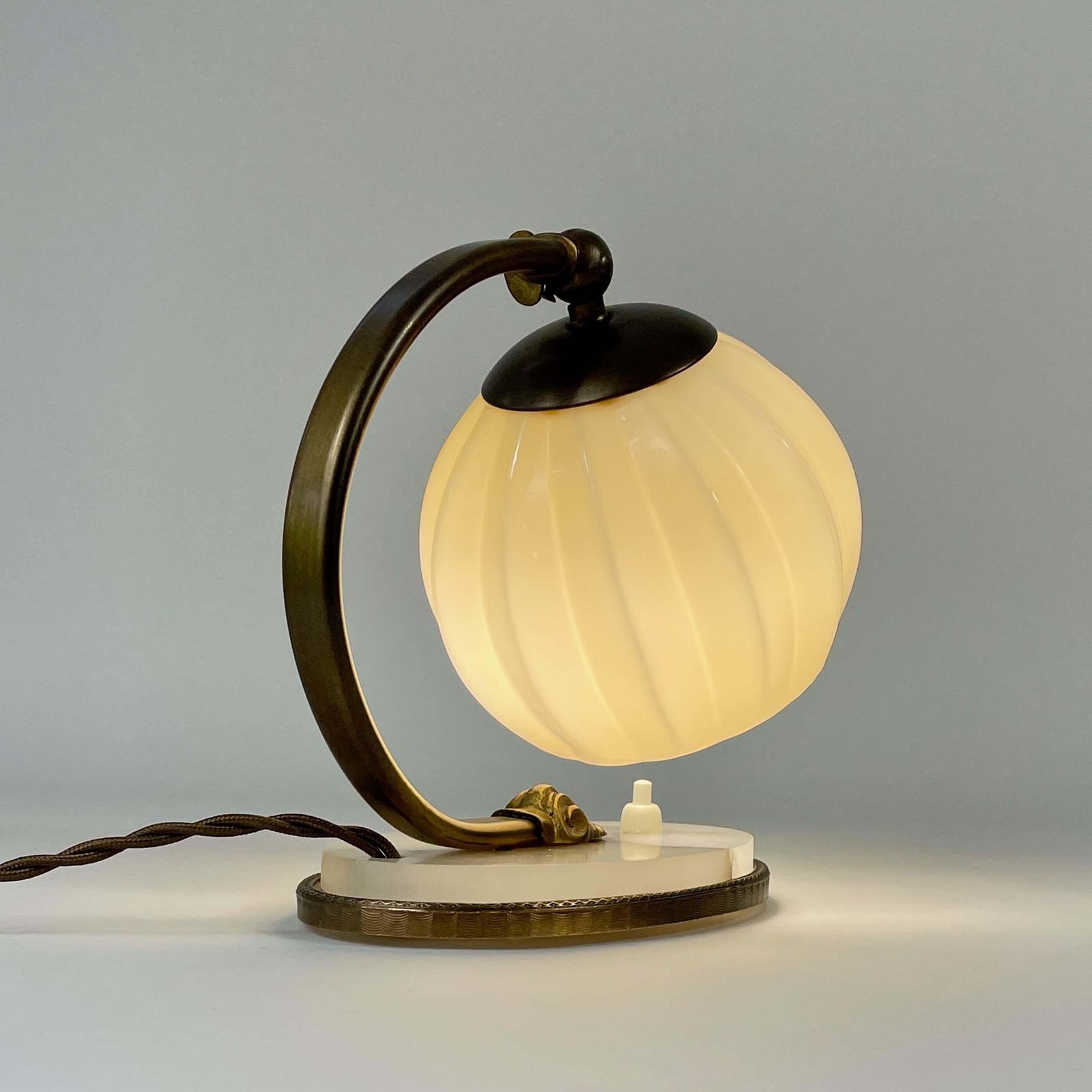 Art Deco Table Lamp, Alabaster, Opaline Glass & Brass, Germany 1920s To 1930s photo vinterior