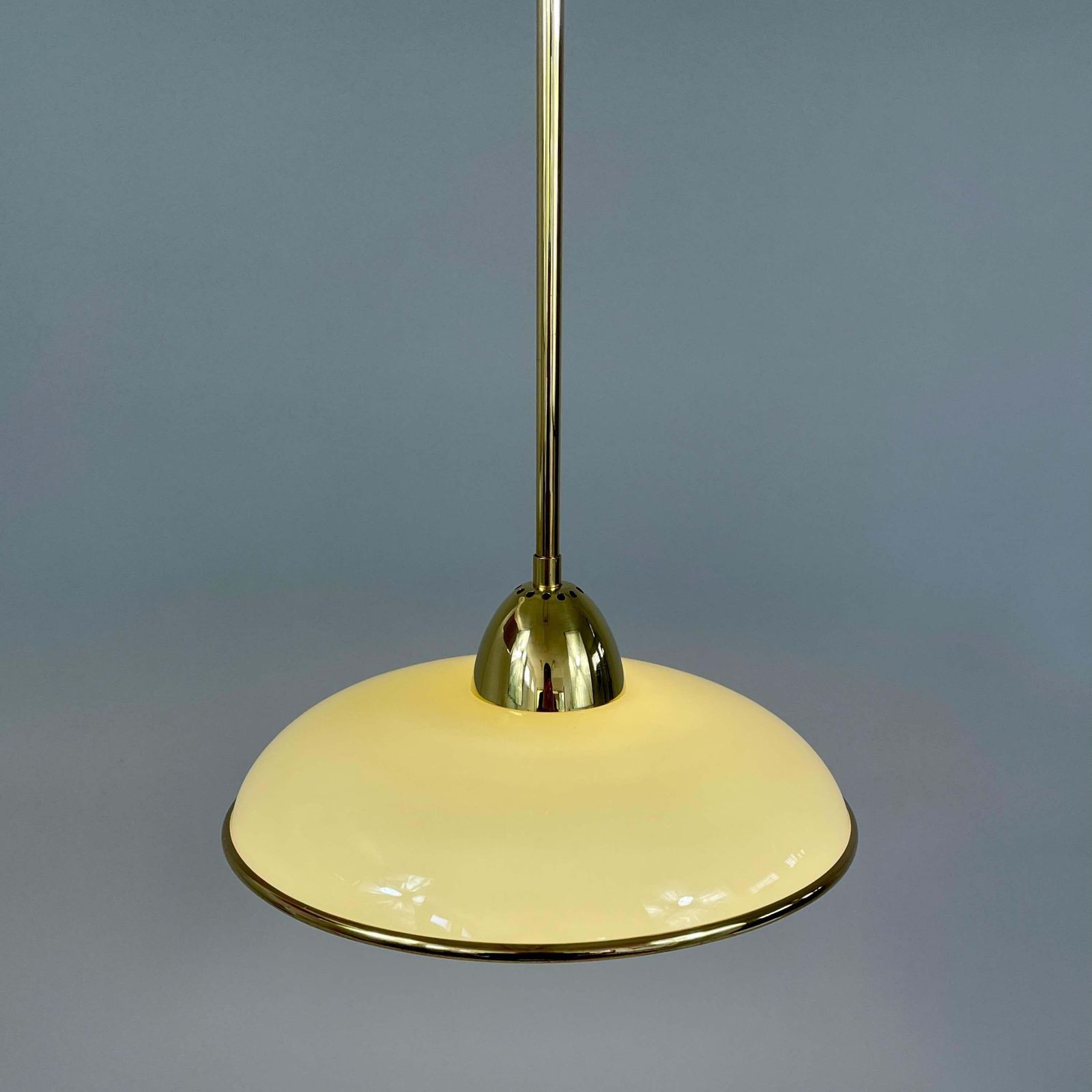 photo for sale Art Deco Cream Opaline Glass & Brass Pendants, Germany 1930s, Set Of 2