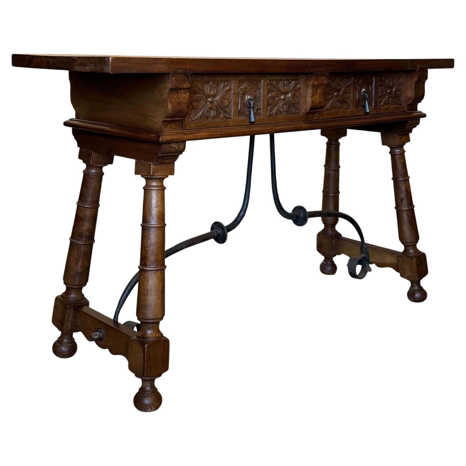 Console espagnole du XXe siècle, deux tiroirs et entretoise en fer