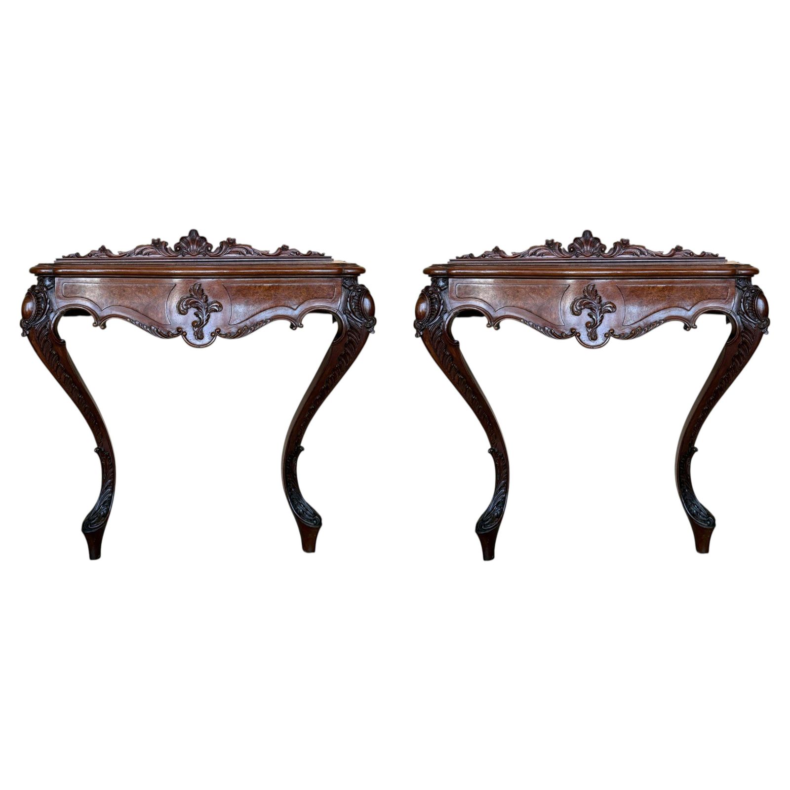 Pair Of Hand Carved Solid Wood Console Table With Cabriole Legs And Drawer