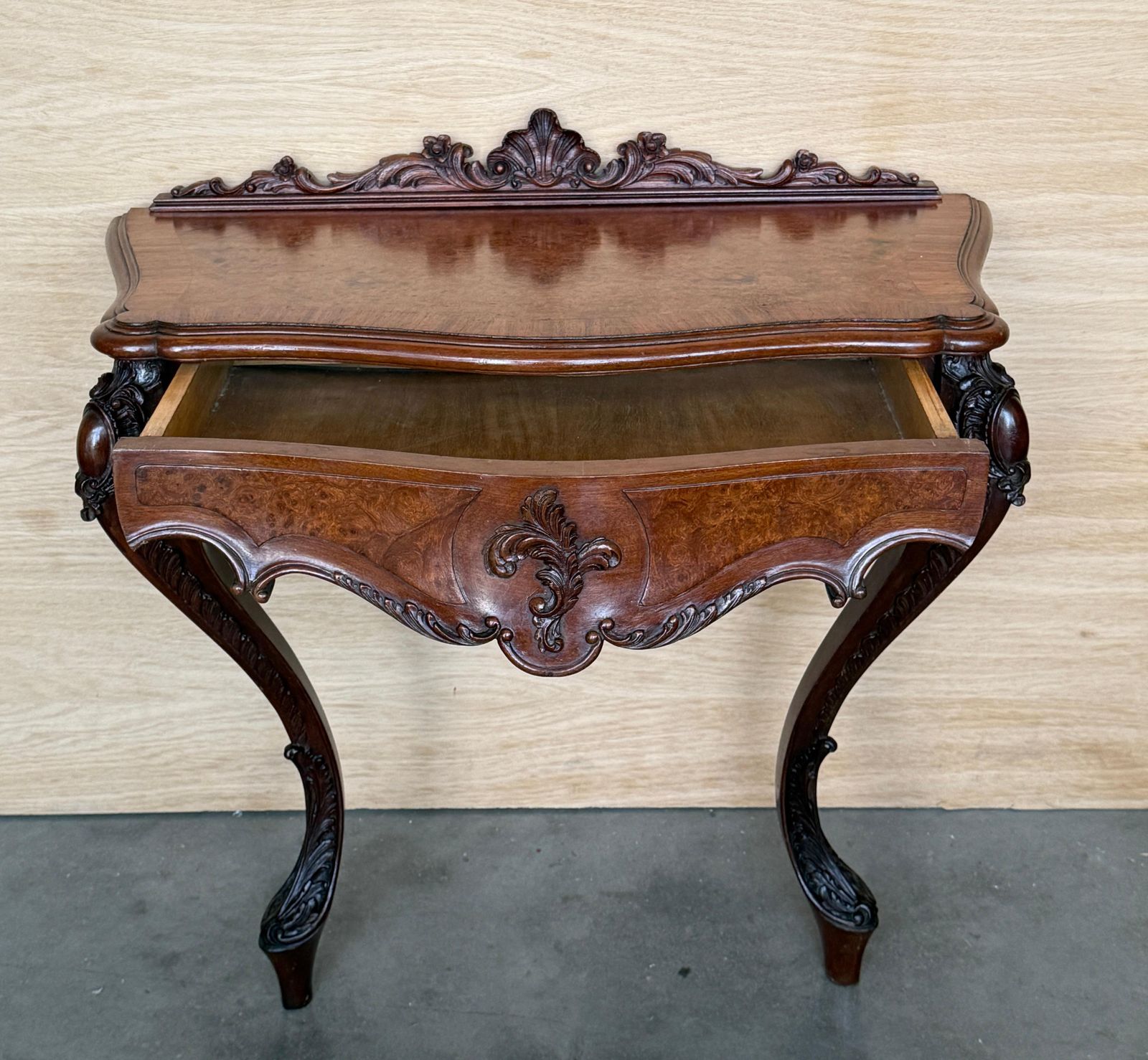 Pair Of Hand Carved Solid Wood Console Table With Cabriole Legs And Drawer photo for sale