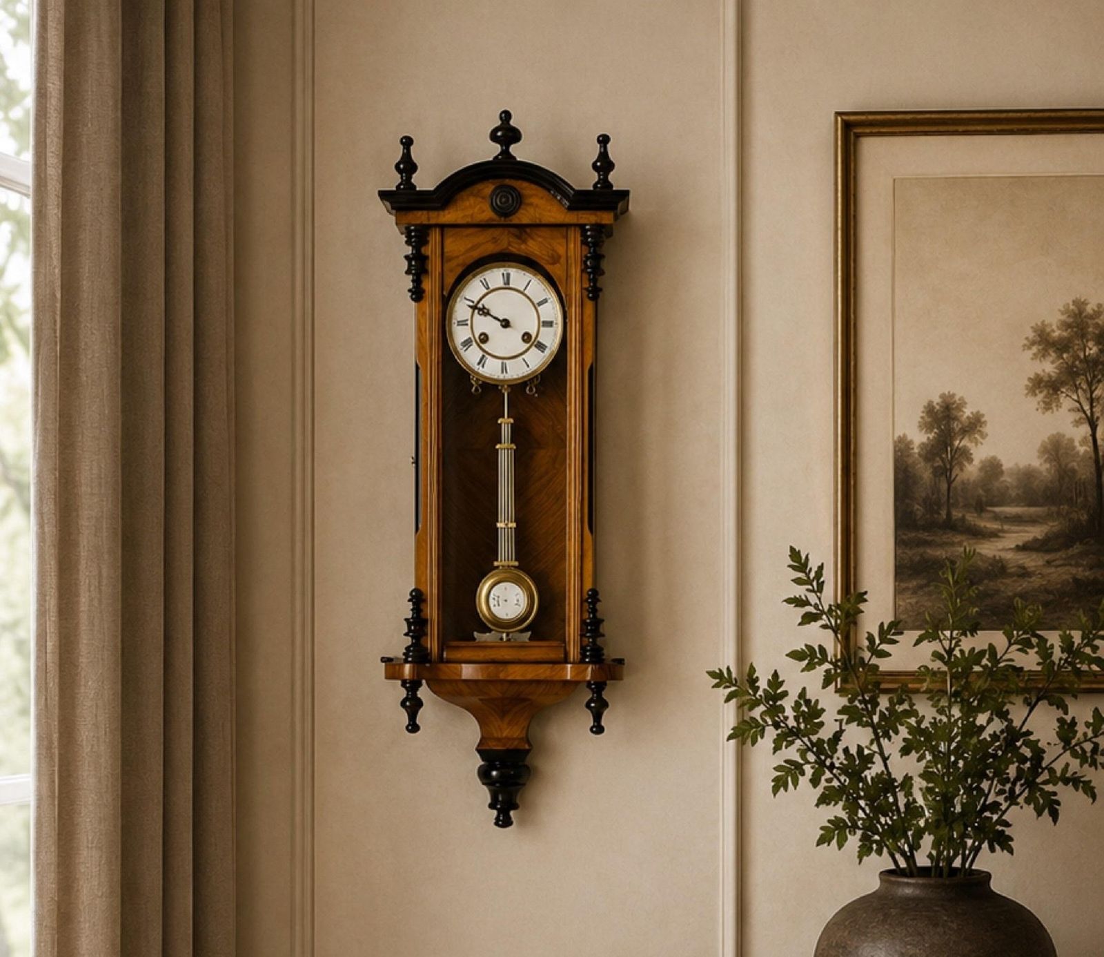 Antique Viennese Wall Clock In Fruit Wood Case, Late 19th Century photo furniture